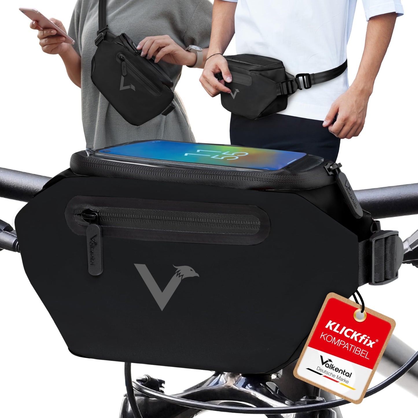 Wasserfeste Lenkertasche mit Handyfach, Schwarz Adapter