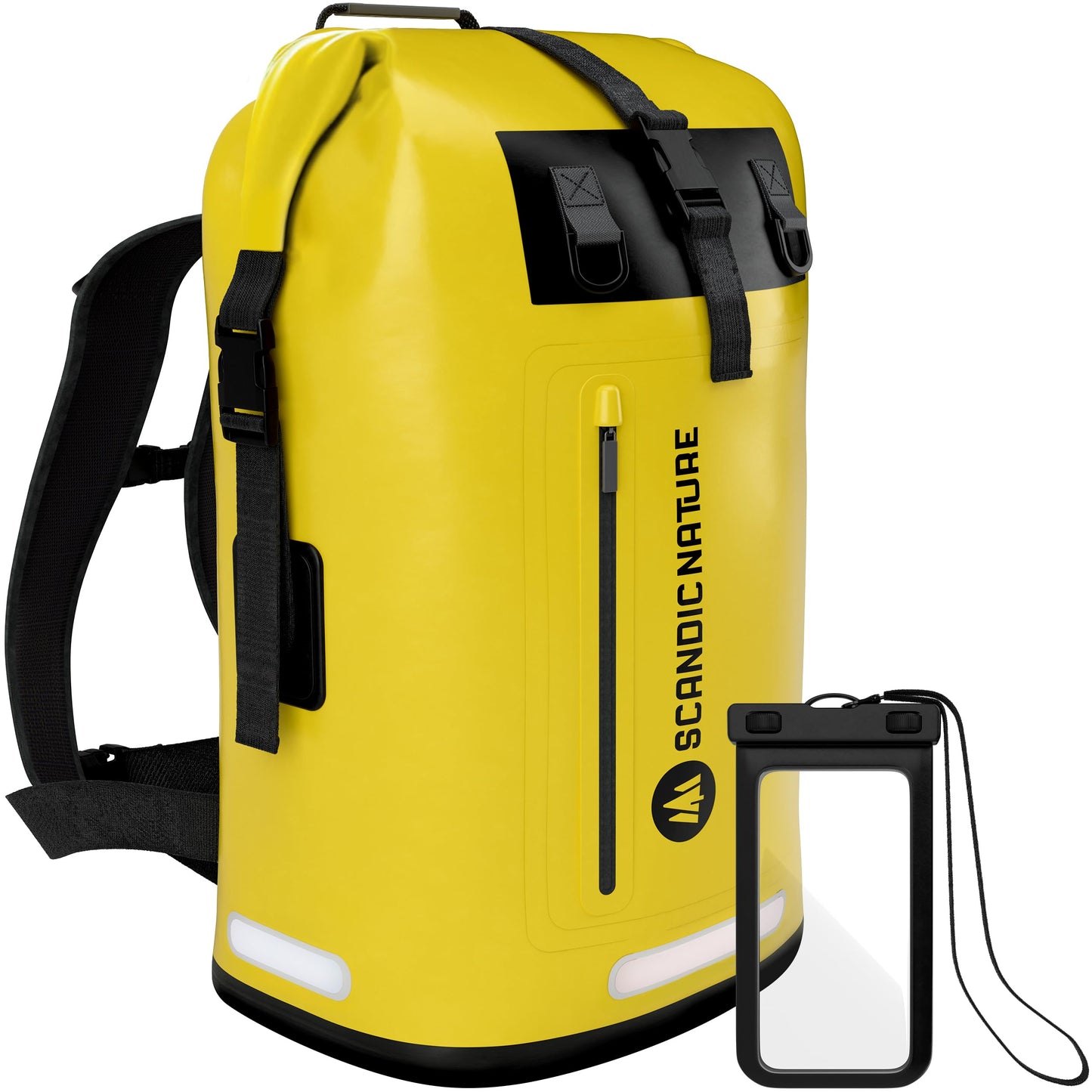 Wasserdichter Rucksack mit Rolltop-Verschluss und Handyhülle, Gelb 55 Liter