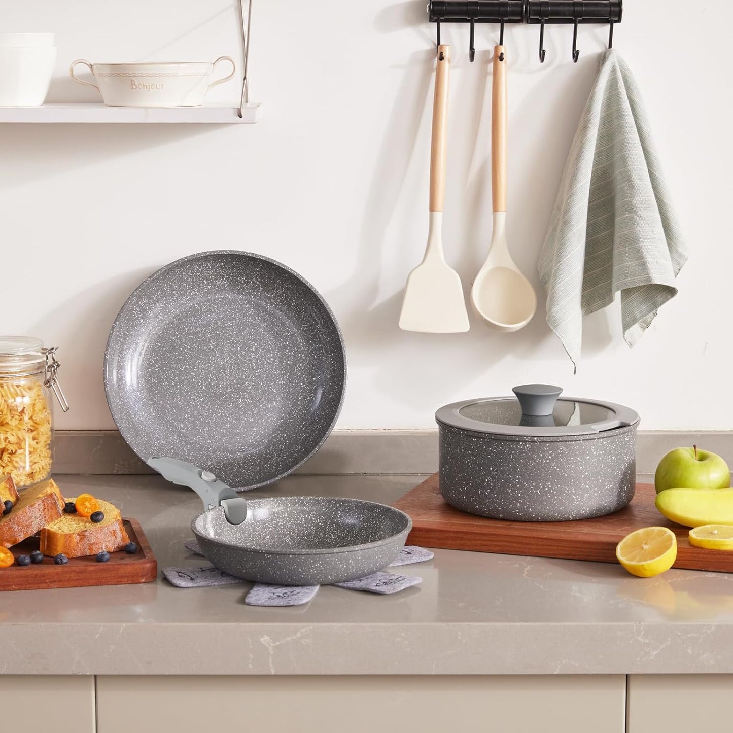 Keramik Kochgeschirr-Set (5-teilig, antihaft), 5-teilig Grau