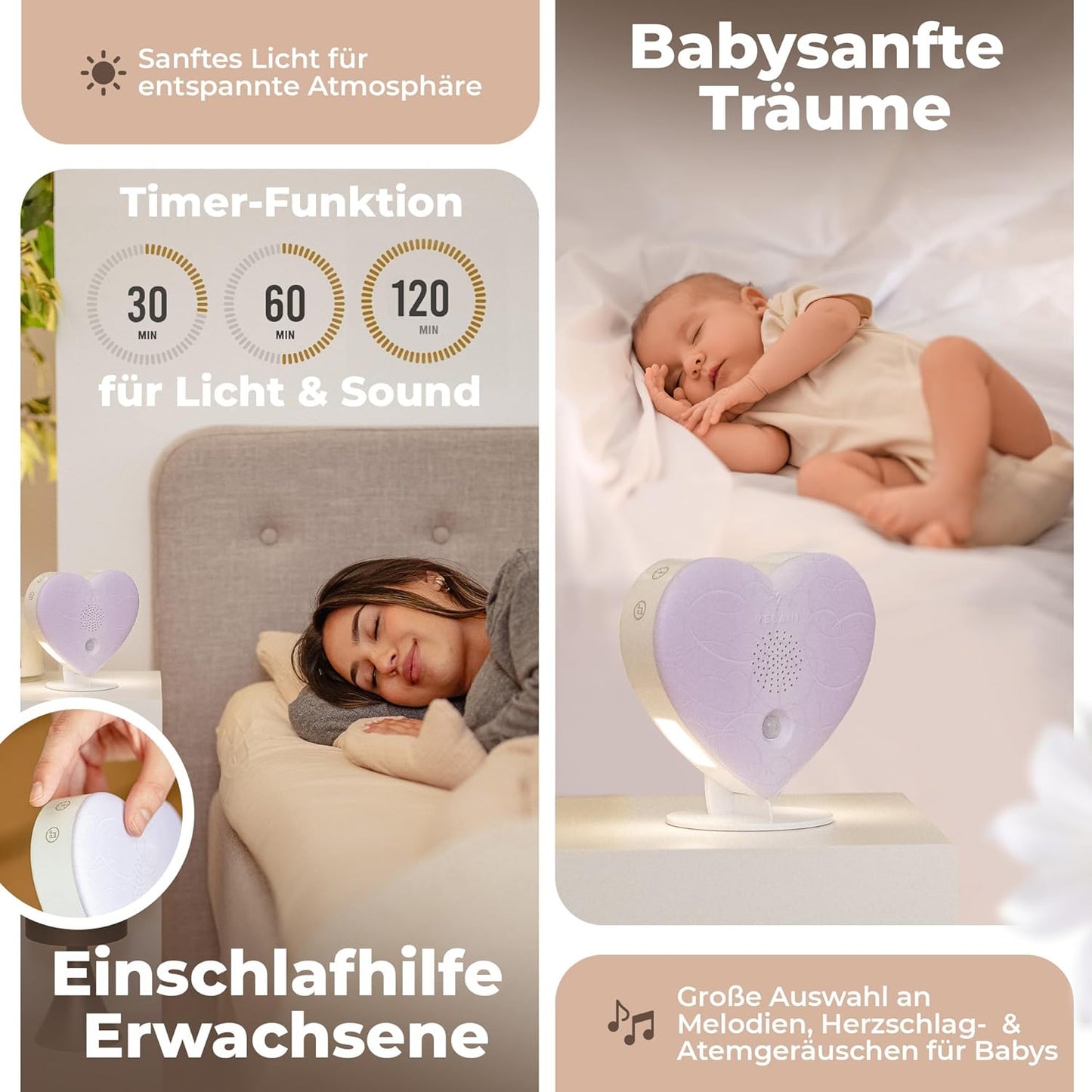Naturgeräusche-Box mit Bewegungsmelder & Timer, Pastell-violett Herz