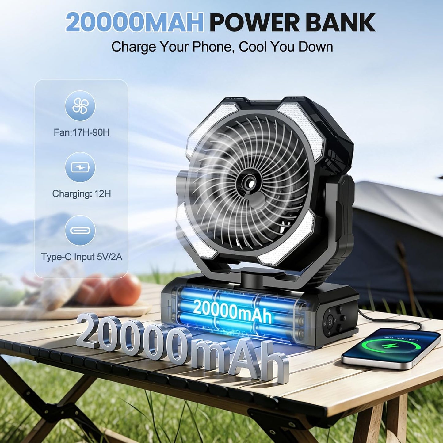 Akku Campingventilator mit Sprühfunktion und Fernbedienung, Schwarz