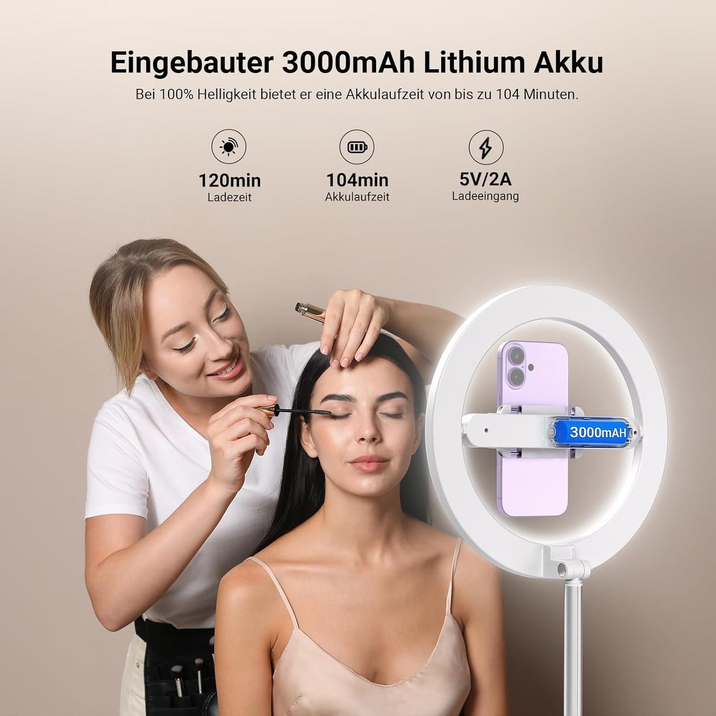 LED-Ringlicht mit Stativ & Handyhalter, Weiss 10" mit Bodenständer