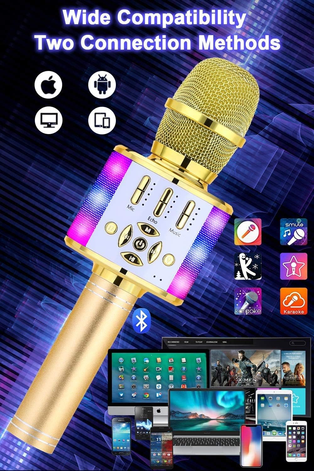 Kabelloses Bluetooth-Kindermikrofon mit LED-Lichtern, Gold