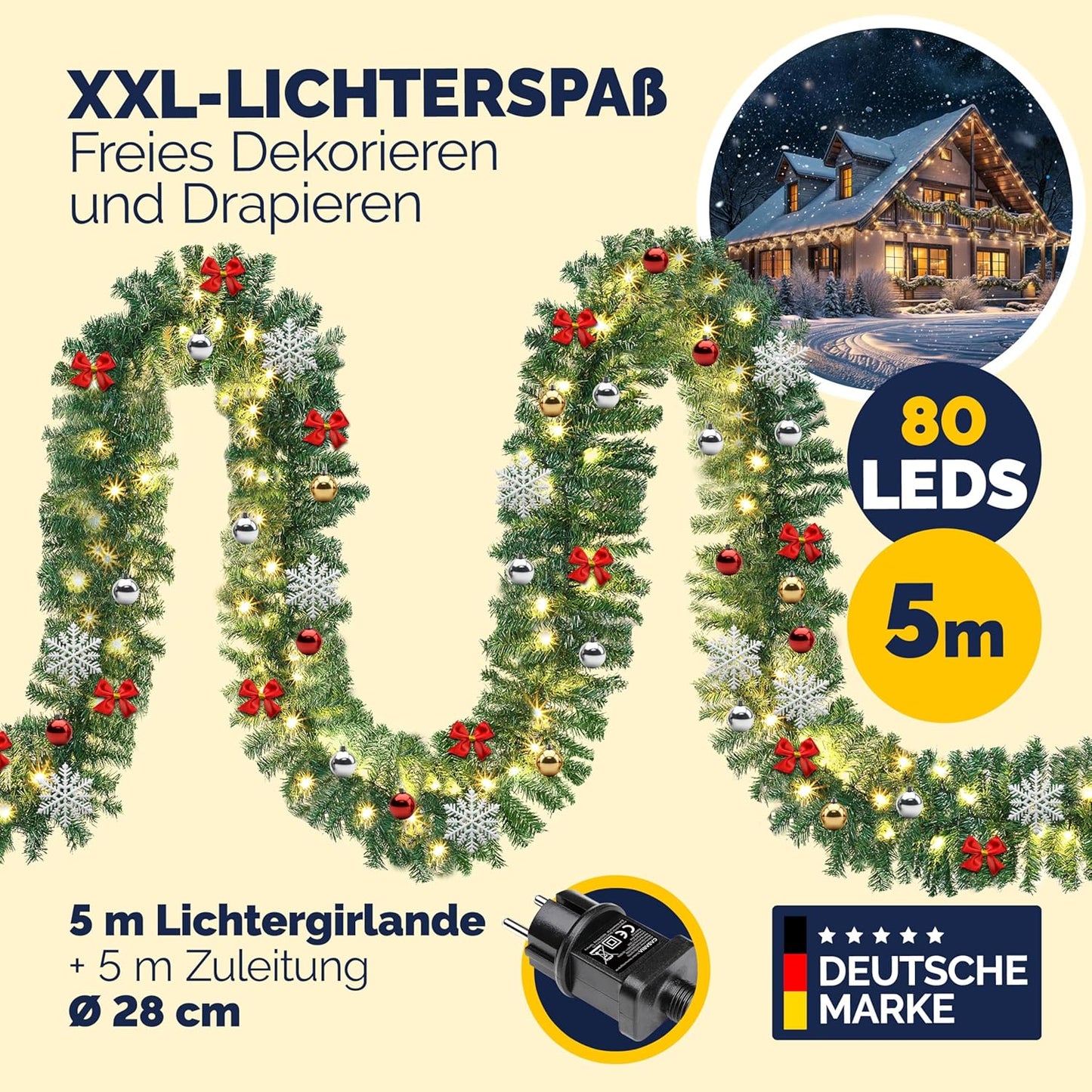 Weihnachtsgirlande, 5m geschmückt (80 LEDs) inkl. Fernbedienung