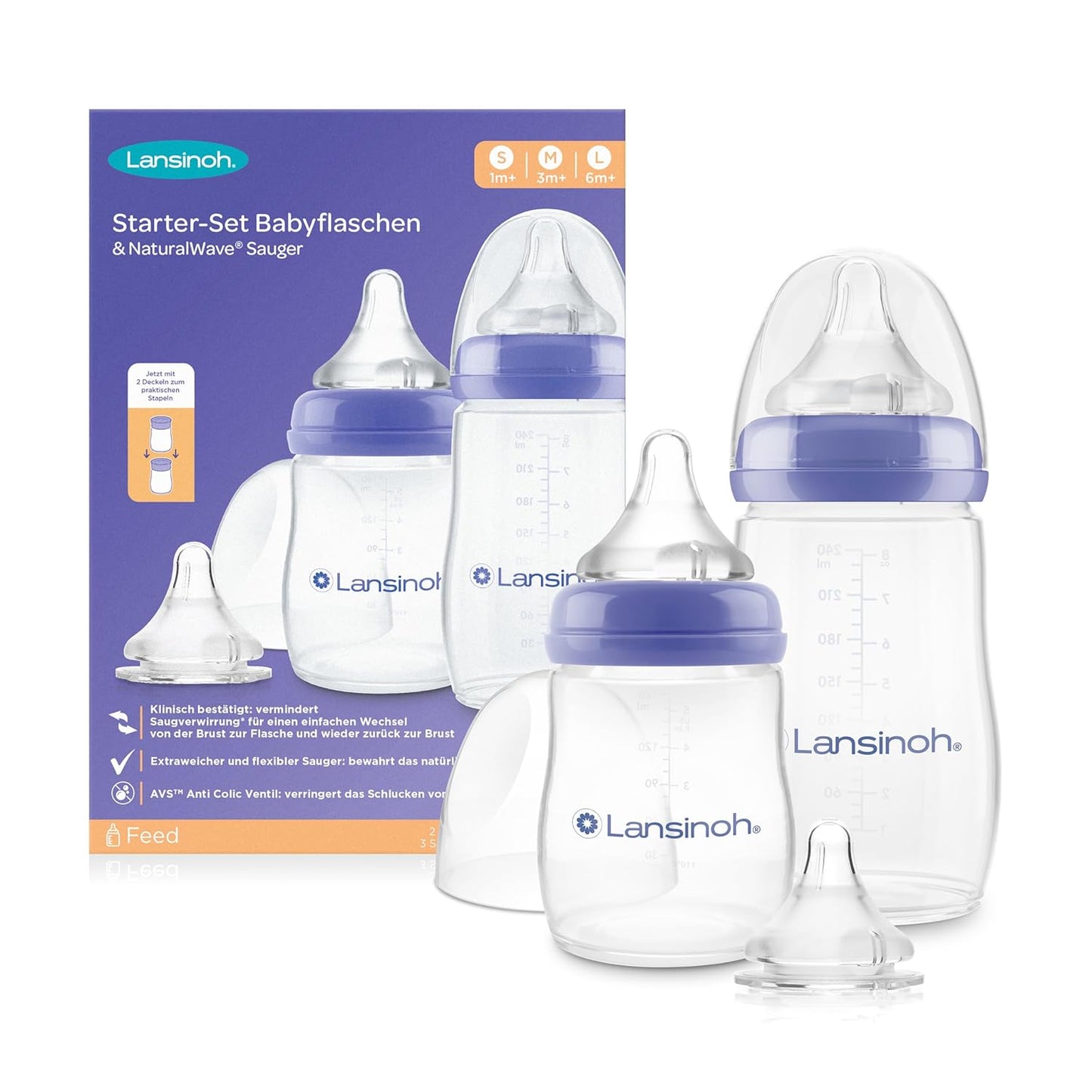 Babyflaschen Starter-Set mit NaturalWave Sauger, Set 160 ml + 240 ml + L Sauger