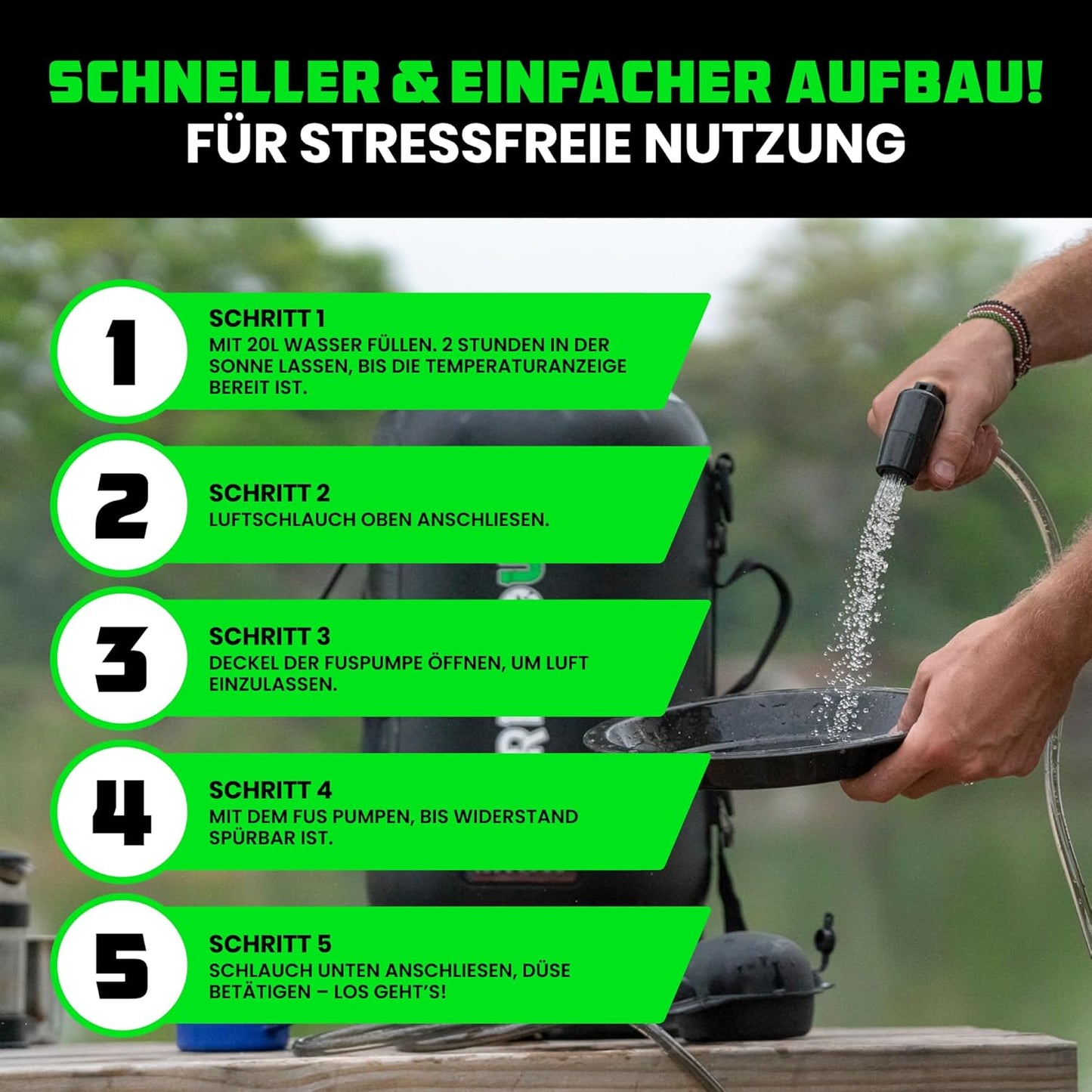 Tragbare Solar-Campingdusche, Schwarz