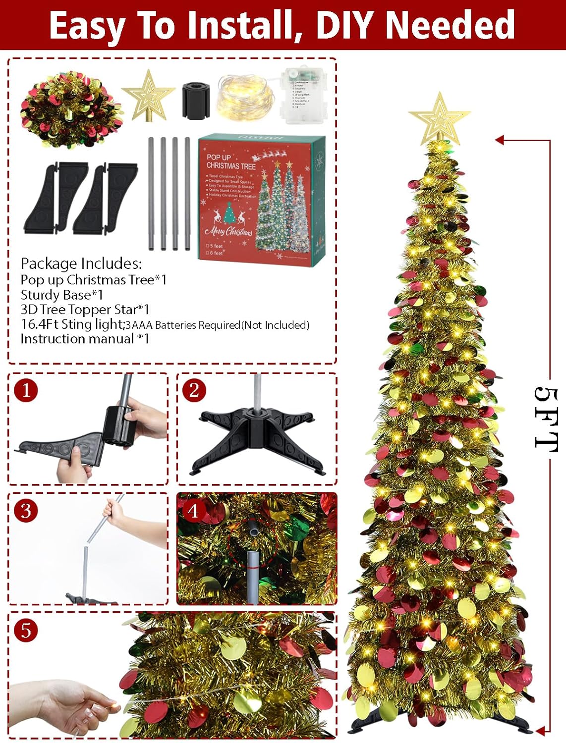 Pop-Up Lametta Weihnachtsbaum, 152.4 cm Buntes Gold