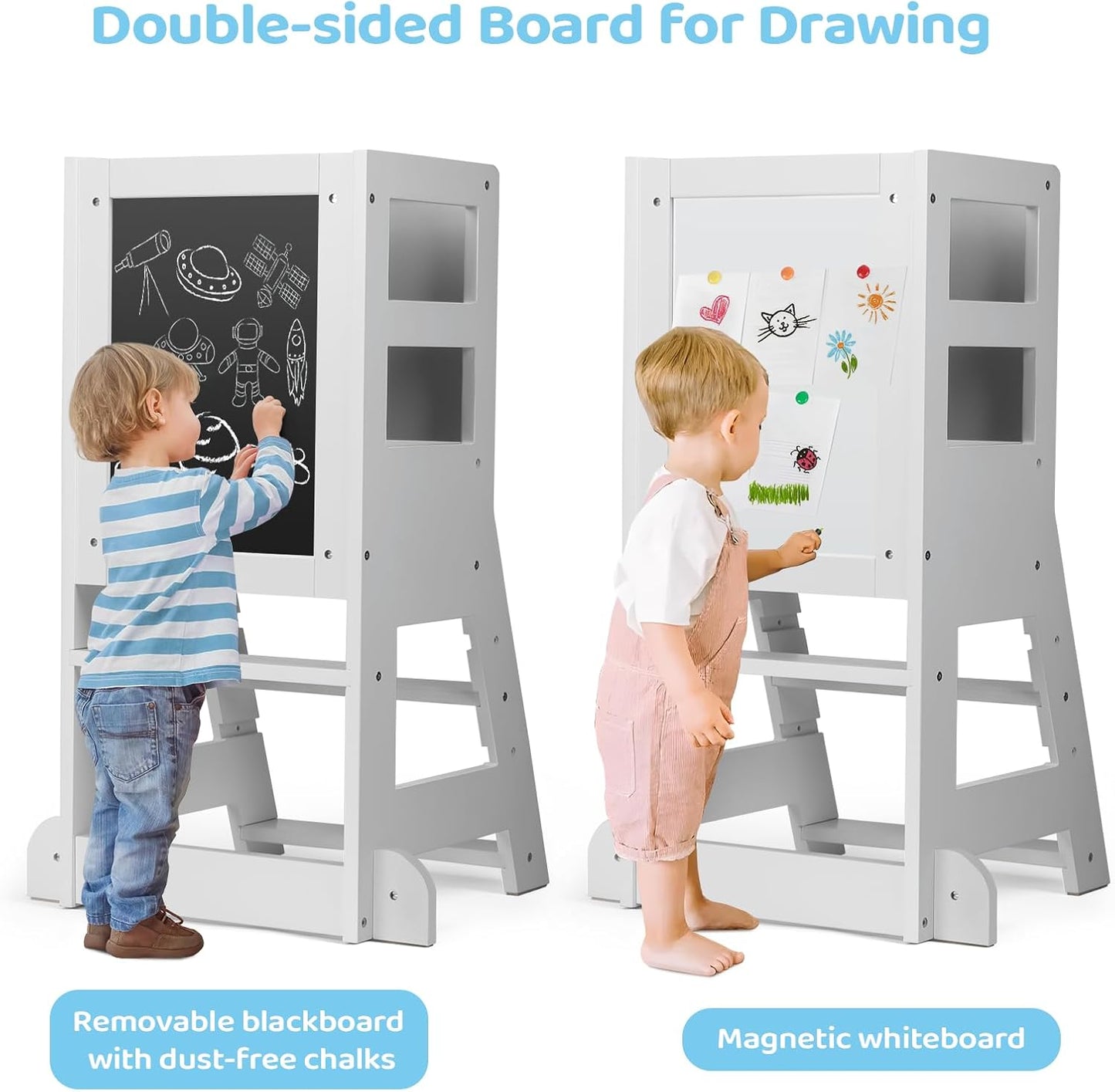 Lernturm mit magnetischem Whiteboard und Kreidetafel, Weiß