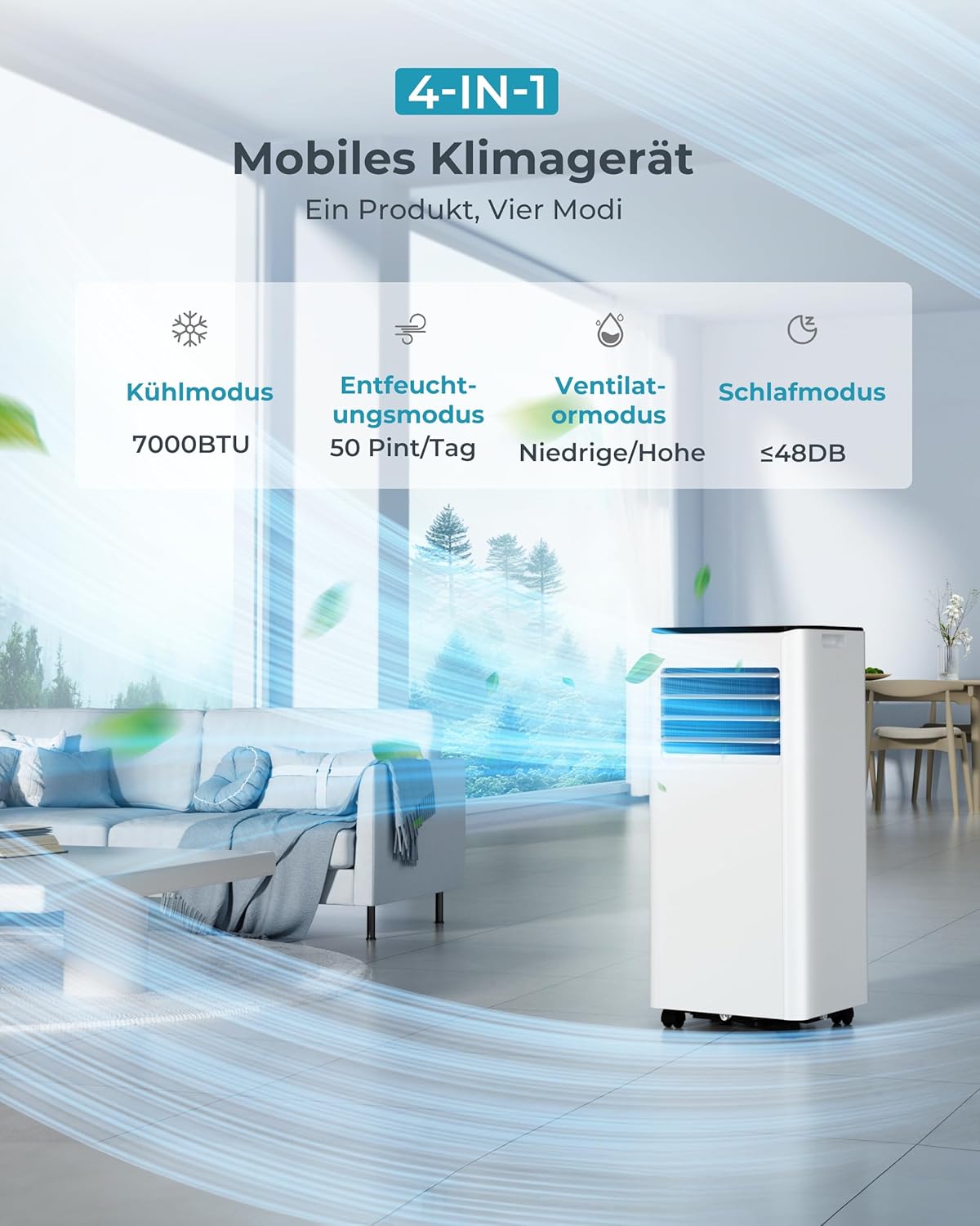 Mobiles Klimagerät 4-in-1 mit Abluftschlauch, 7000