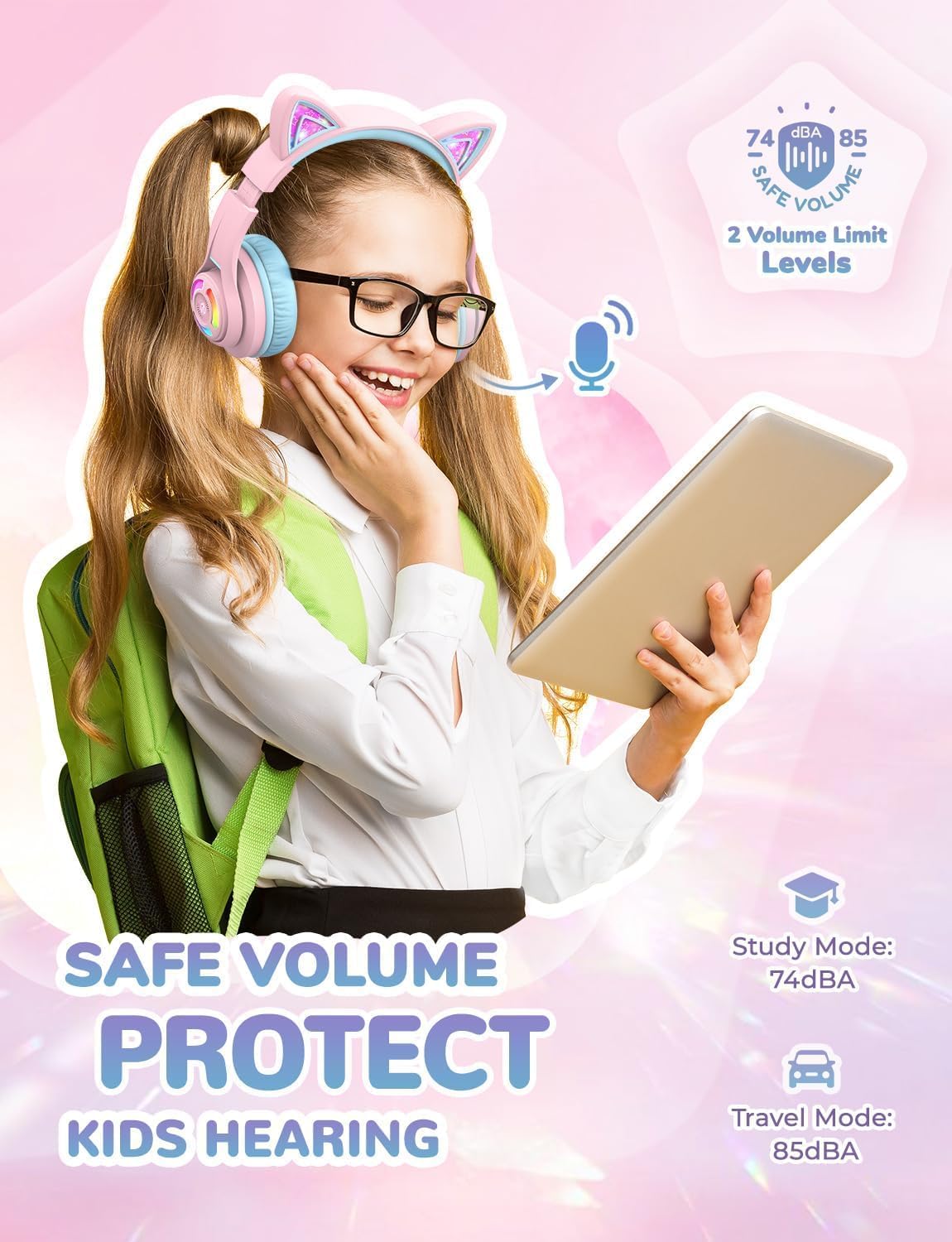 Bluetooth-Kinderkopfhörer mit LED-Katzenohren, Rosa
