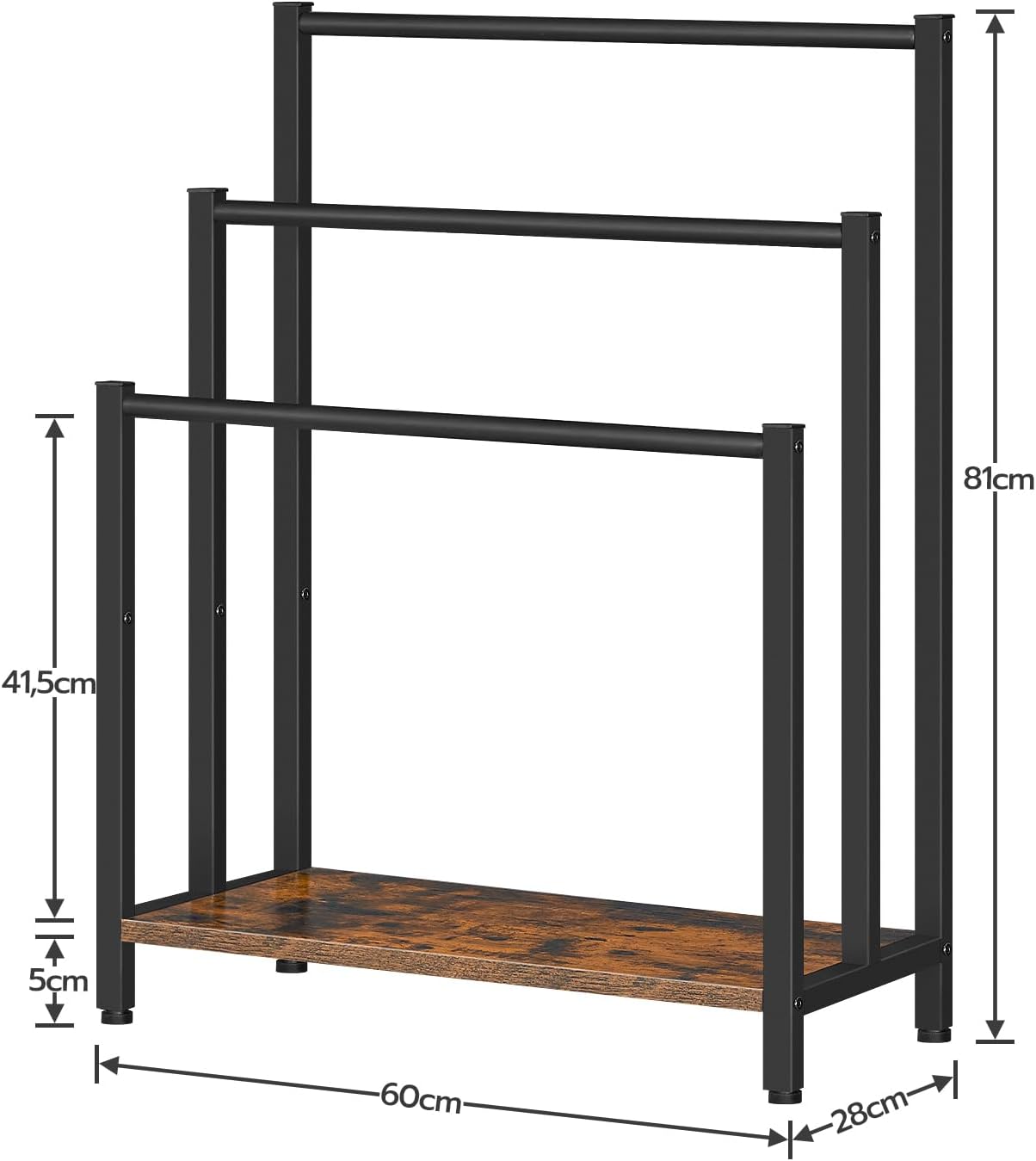 Freistehender Handtuchständer mit 3 Stangen, 60 x 28 x 81 cm Dunkelbraun + Schwarz