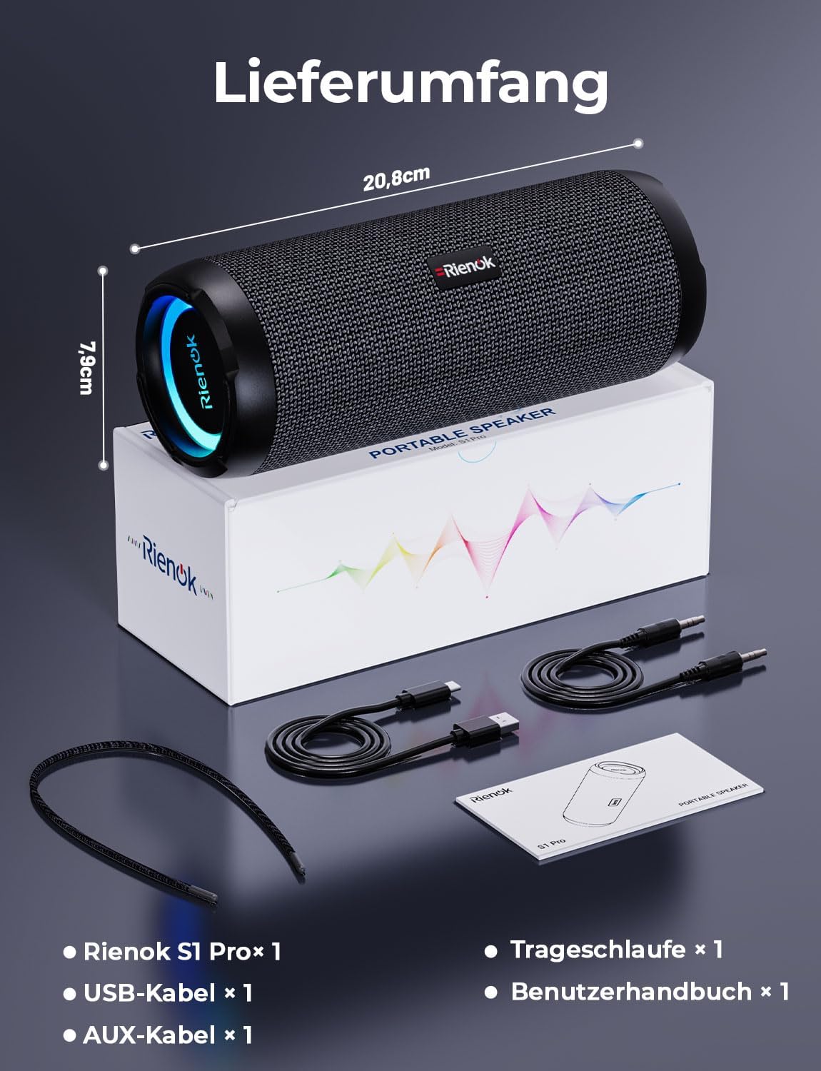 Bluetooth-Lautsprecher mit RGB-Beleuchtung, Schwarz 40W 3,600mAH