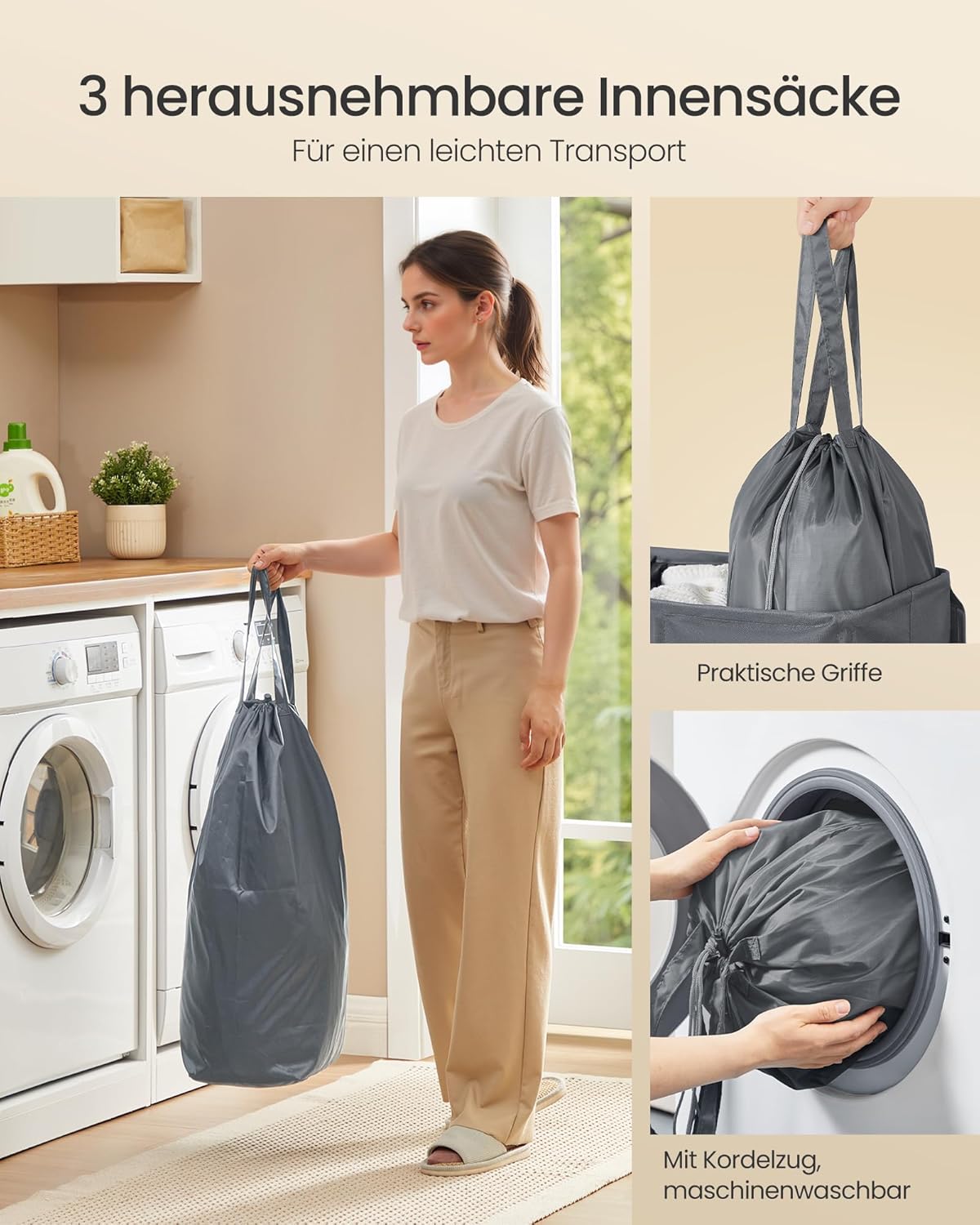 Wäschekorb mit 3 Fächern und Deckel, 160 L Dunkelgrau