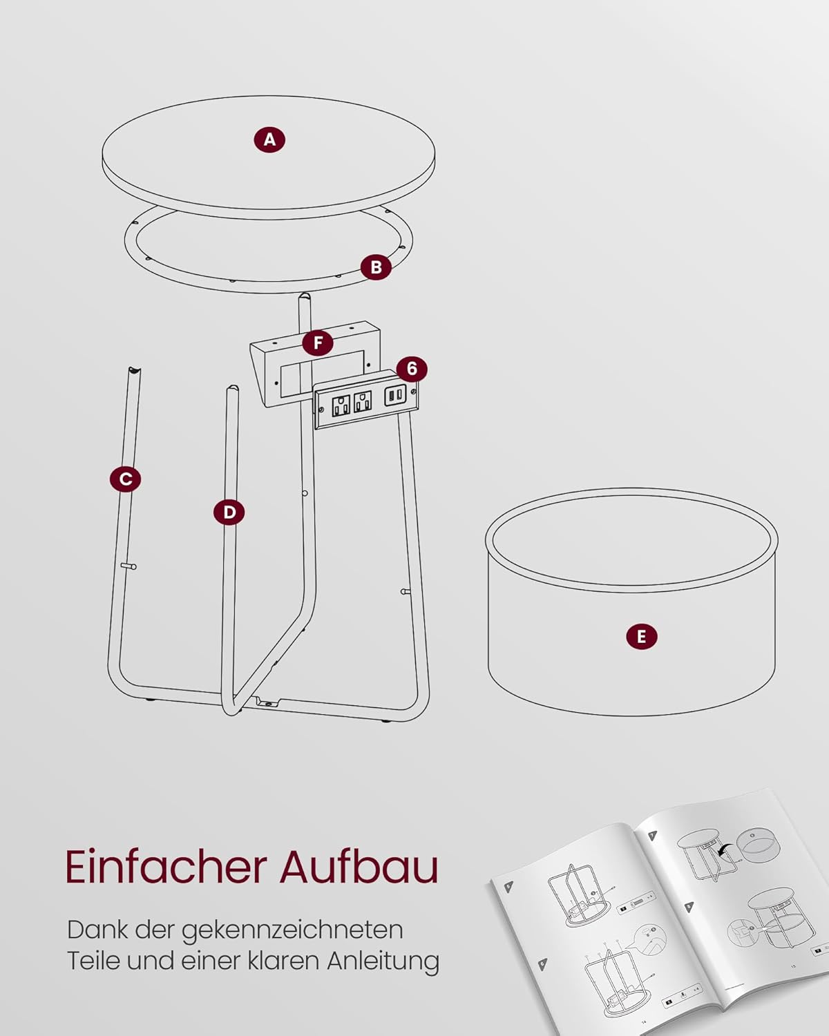 Runder Beistelltisch mit Steckdose und Stoffkorb, Taubengrau + Schiefergrau