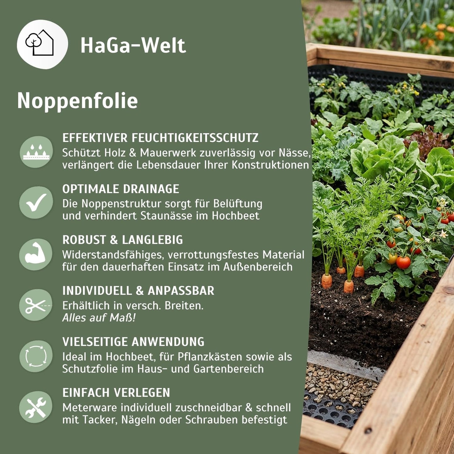 Noppenfolie für Hochbeet, Breite: 1m 10 Meter