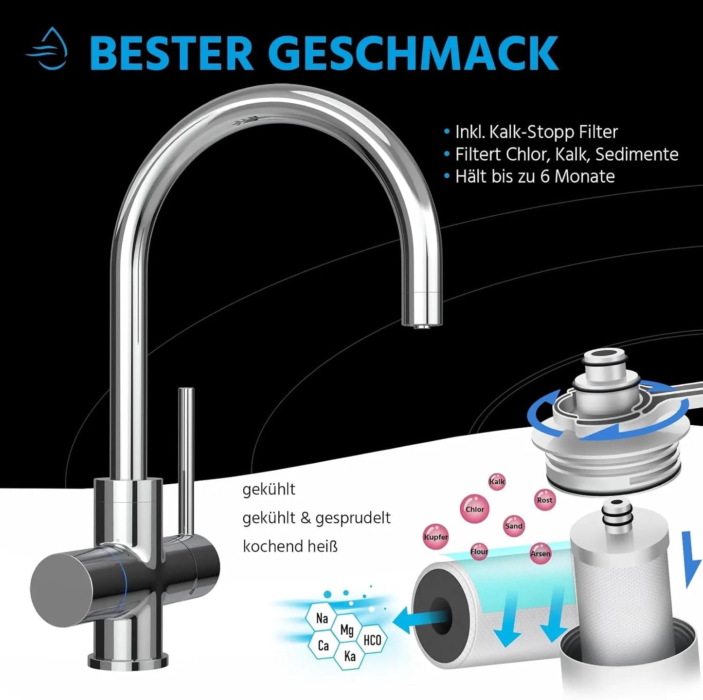 5-in-1 Küchenarmatur-Set FizzRed mit Wassersprudler, Kalkfilter & CO2 Adapter, 5in1 chrom 2kg CO2