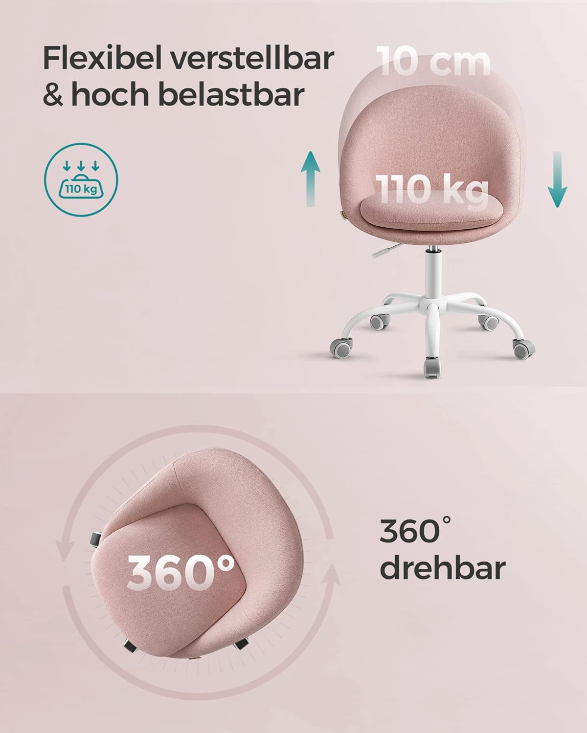 Homeoffice-Schreibtischstuhl, höhenverstellbar, Pastellrosa, Legierter Stahl Baumwolle