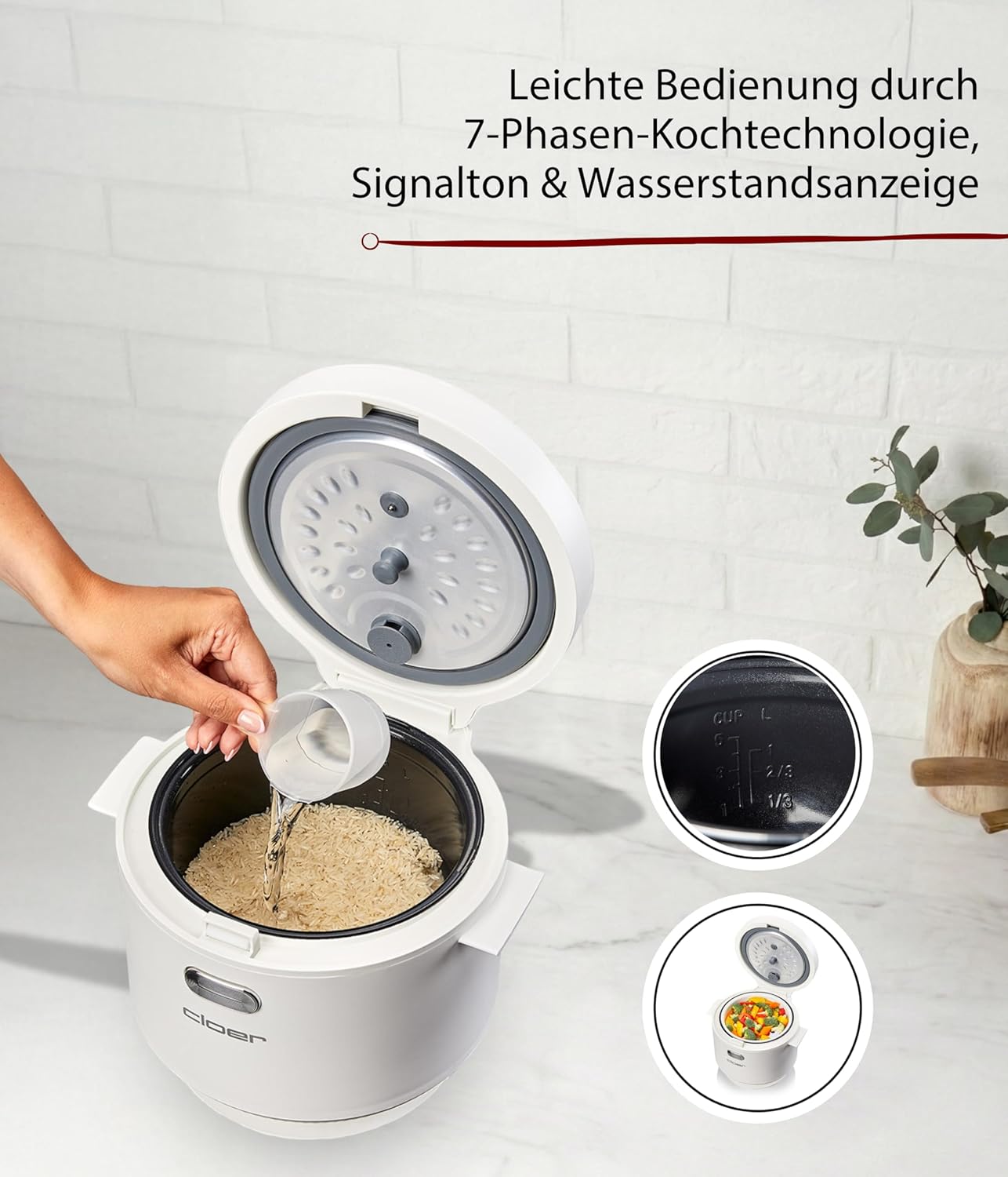 Reiskocher mit Dampfaufsatz und Warmhaltefunktion, Weiss