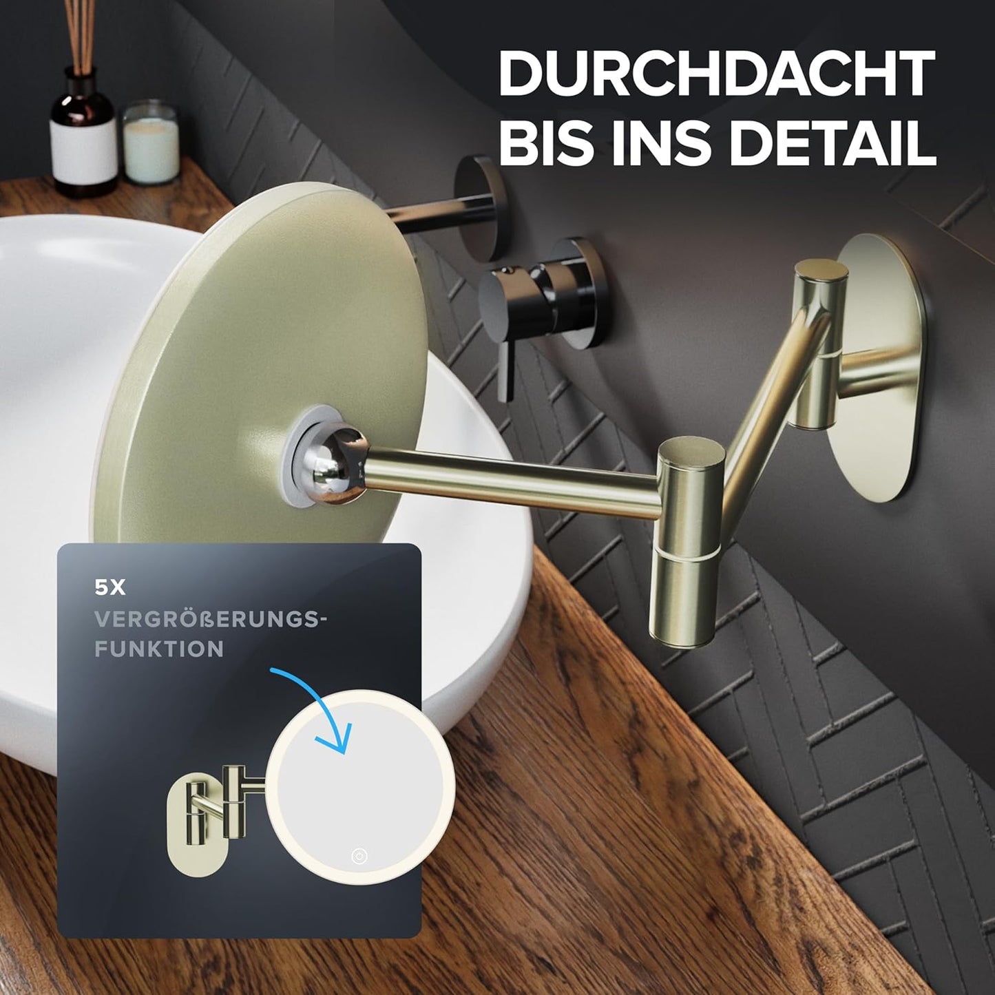Kosmetikspiegel Blavand mit Beleuchtung und 5-fach Vergrösserung, Gold - Ohne Bohren Zum Kleben