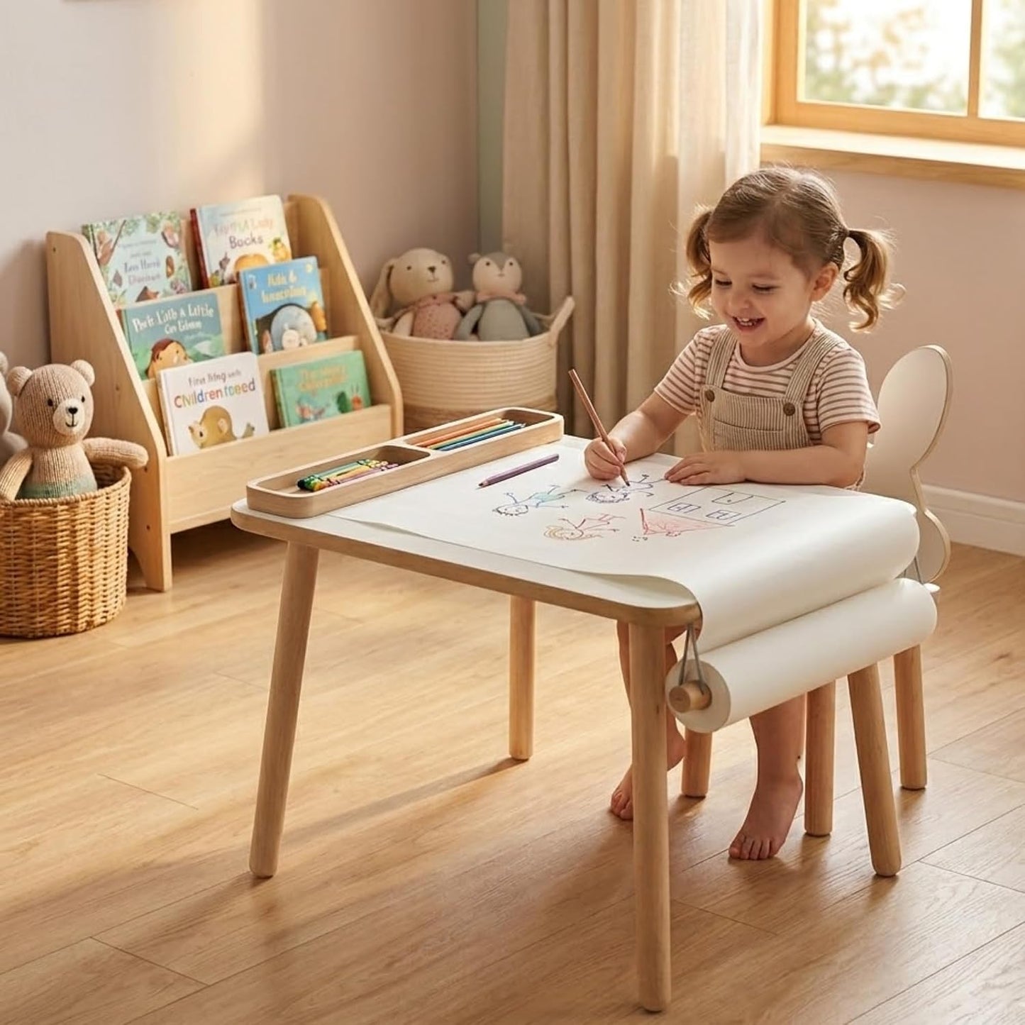 Kindertisch mit Papierrolle & Organizer, Weiss Holz 50 x 60 x 47 cm