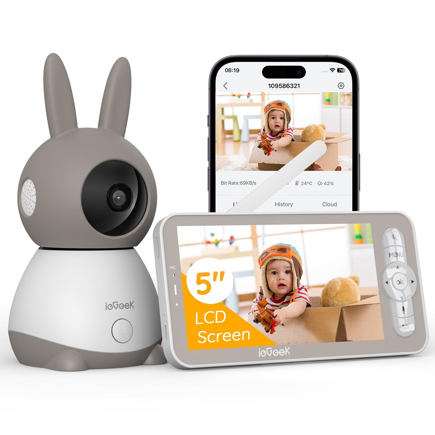 2K Video-Babyphone mit Kamera und App-Steuerung, Silbergrau