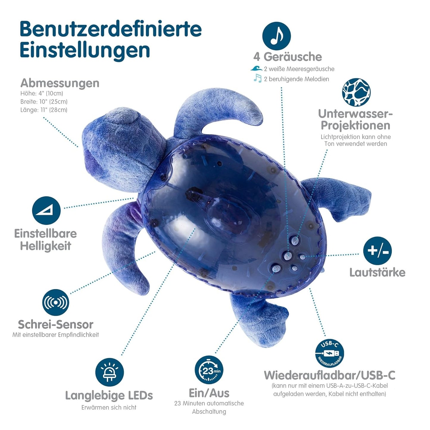 Nachtlicht mit Musik & Unterwasserprojektion, Tranquil Turtle – Ocean (wiederaufladbar)