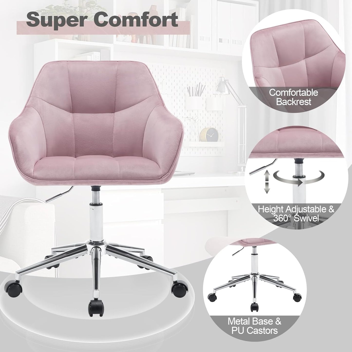 Höhenverstellbarer Homeoffice-Drehstuhl mit Samtsitz, Rosa