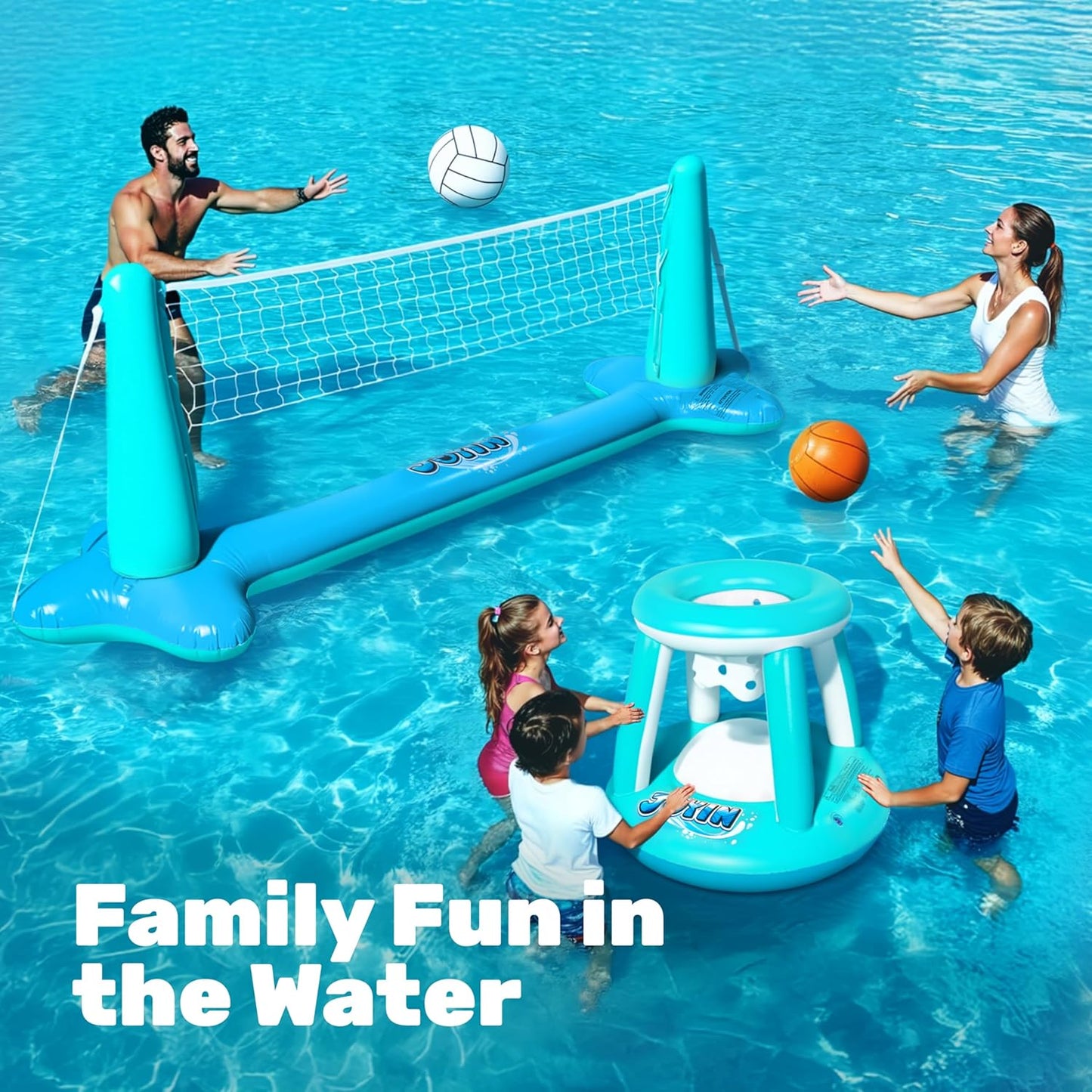 Aufblasbares Pool-Spielset mit Volleyball & Basketball, Blau
