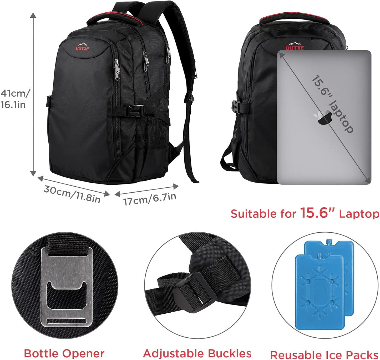 Rucksack mit Kühltasche, Schwarz,22L
