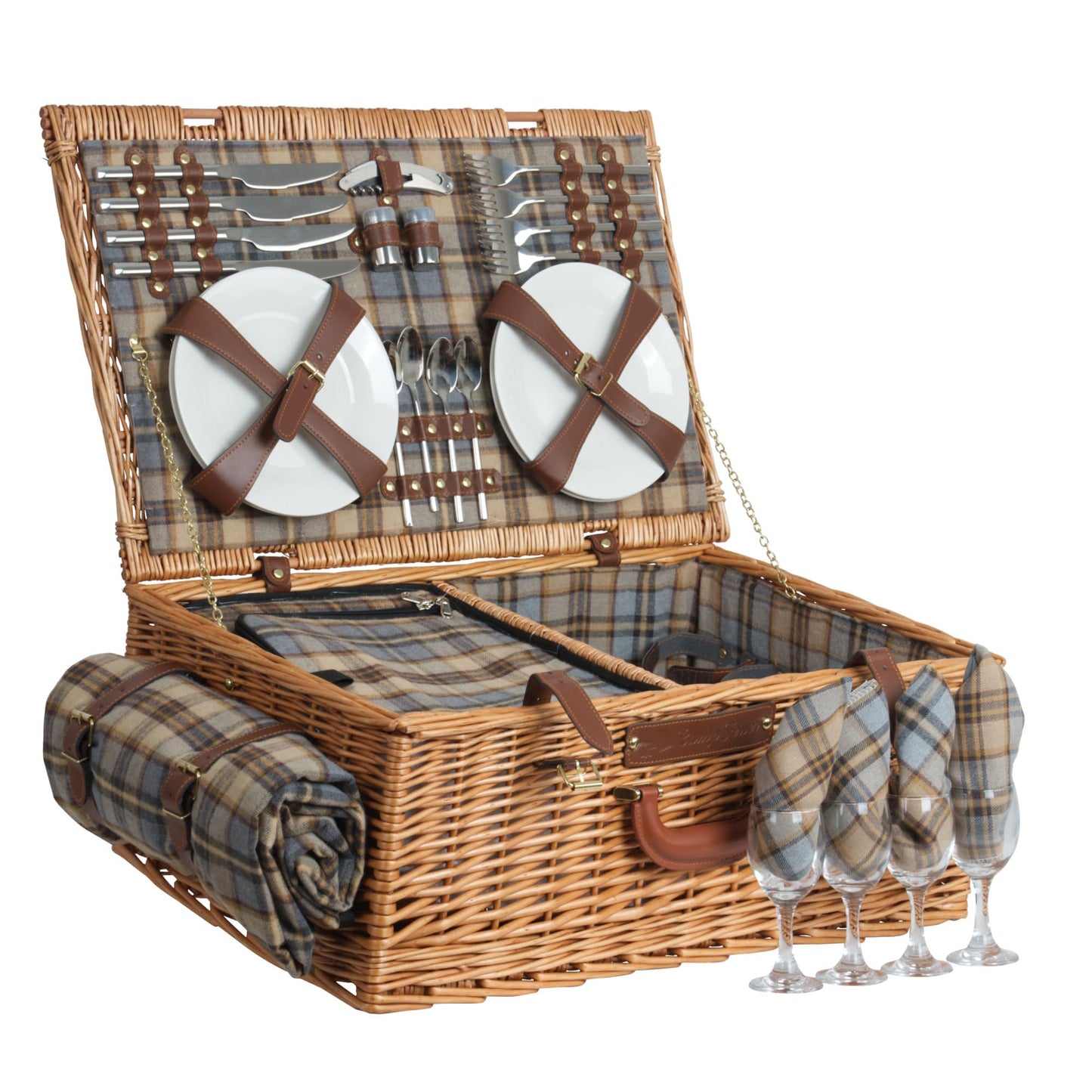 Picknickkorb mit Geschirr-Set und Kühlfach (29-teilig), Blau/Beige Kariert