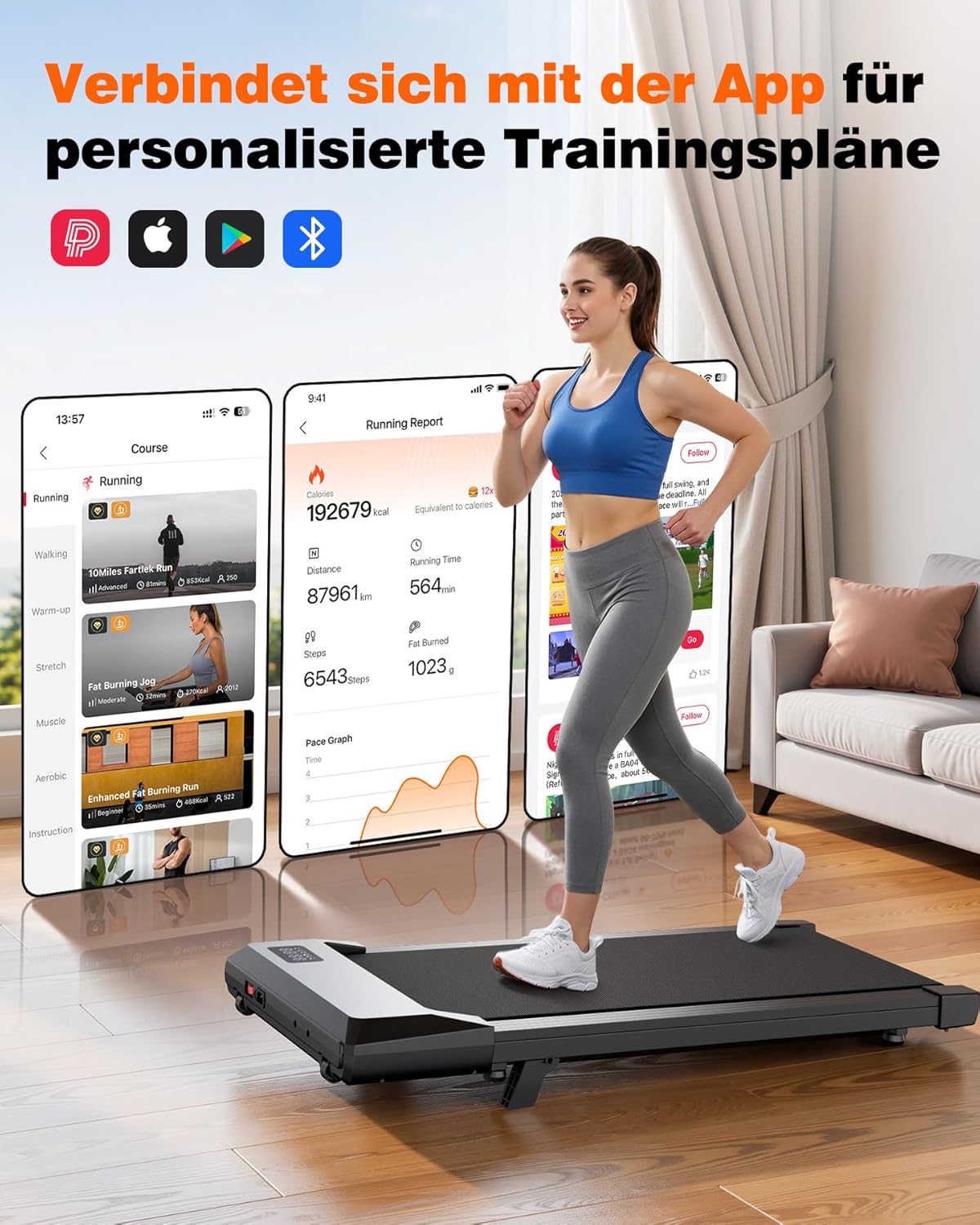 Faltbares 4-in-1 Laufband mit Neigung und Griffen, 100 CM Tiefes Schwarz