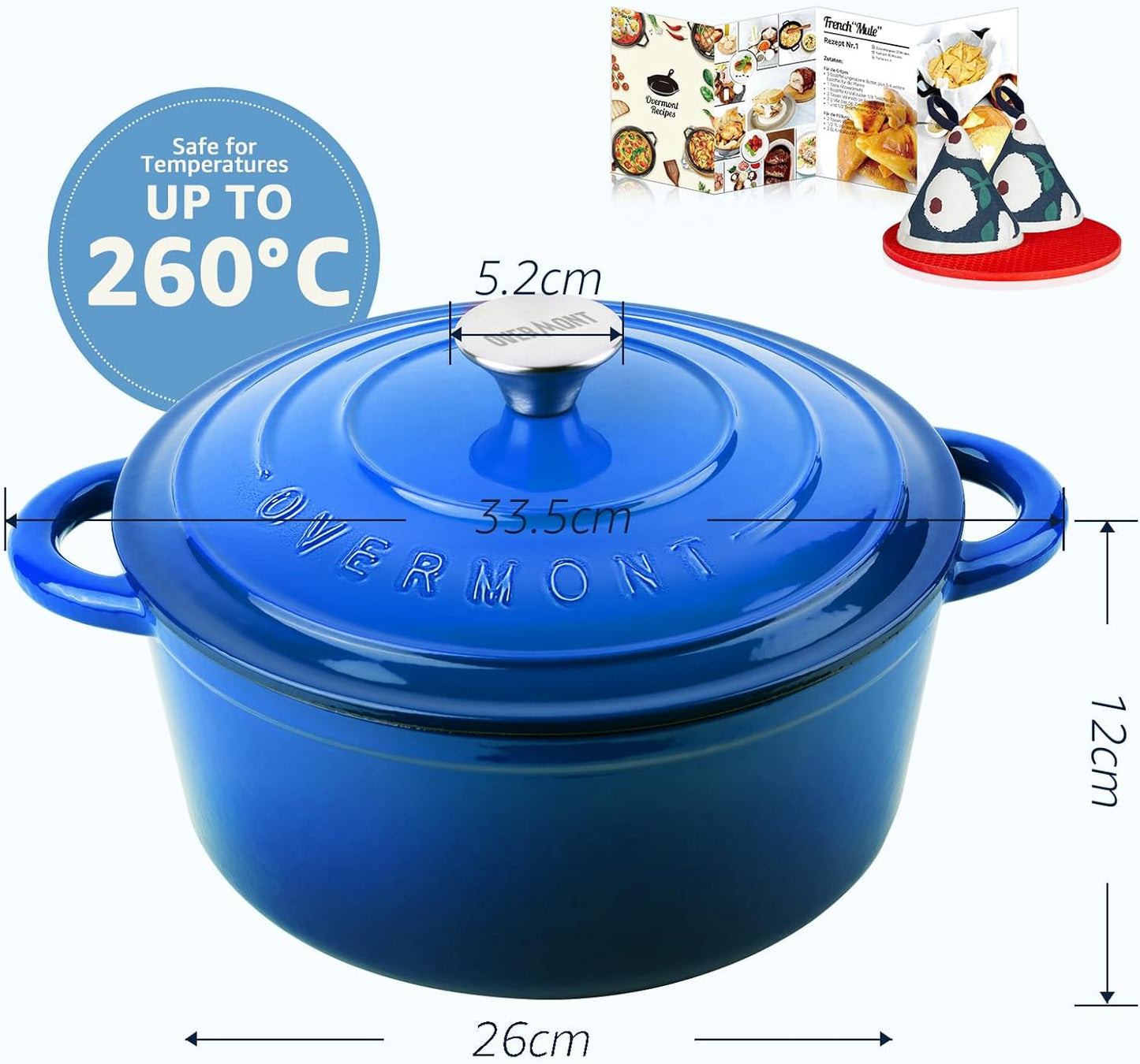 Schmortopf Gusseisen Bräter 26cm mit Kochbuch, 26CM Blau