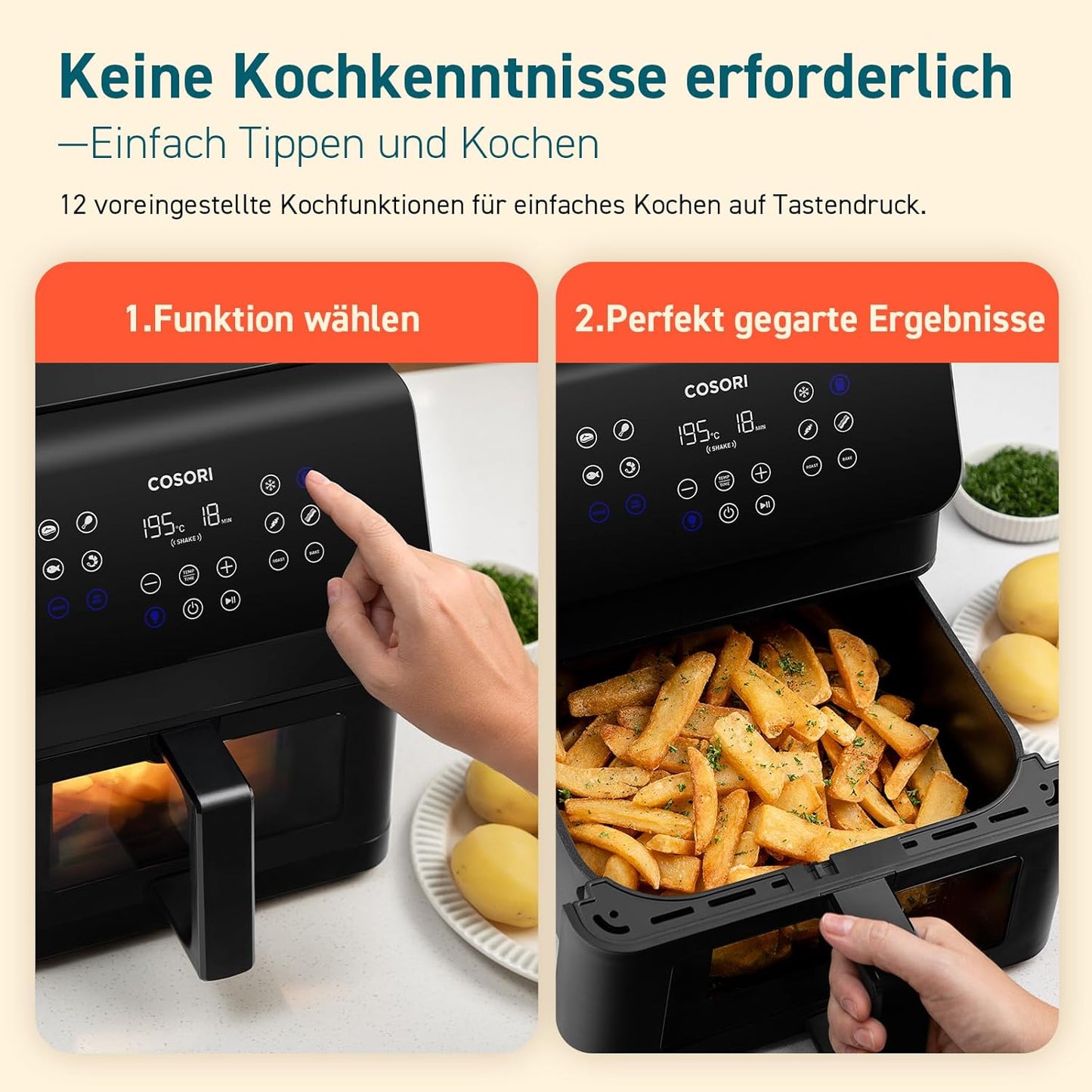 12-in-1 Heissluftfritteuse, Sichtfenster 6.2L Schwarz