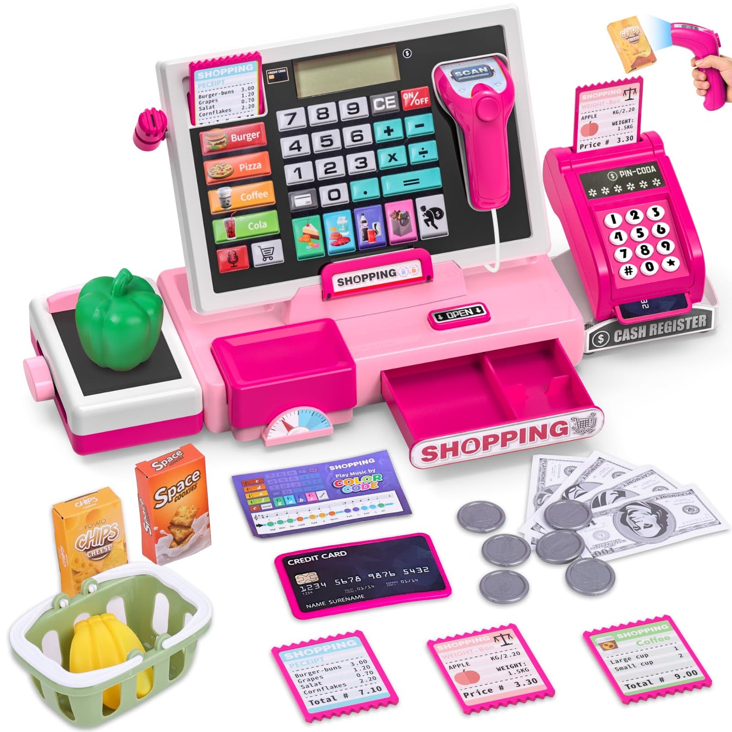 Elektronische Spielzeugkasse mit Zubehör, Rosa