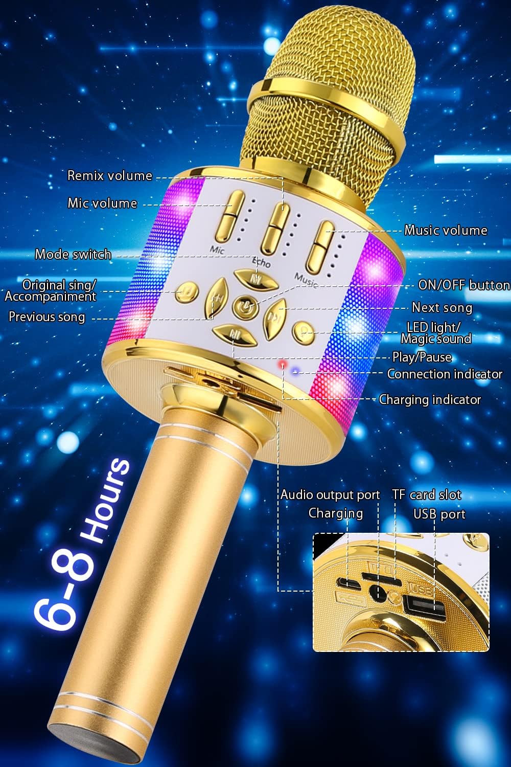 Kabelloses Bluetooth-Kindermikrofon mit LED-Lichtern, Gold