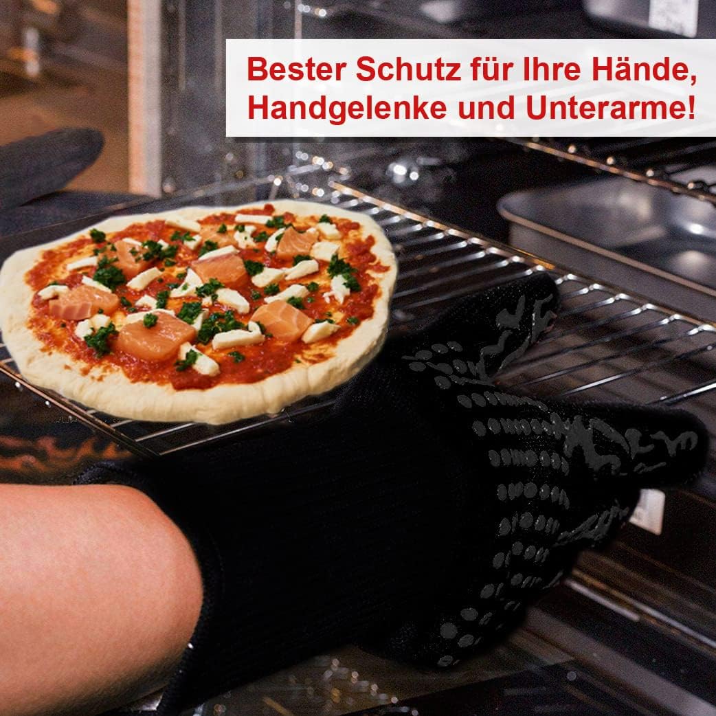 Hitzebeständige Grillhandschuhe mit Grillthermometer, Schwarz - Gr. L/Xl