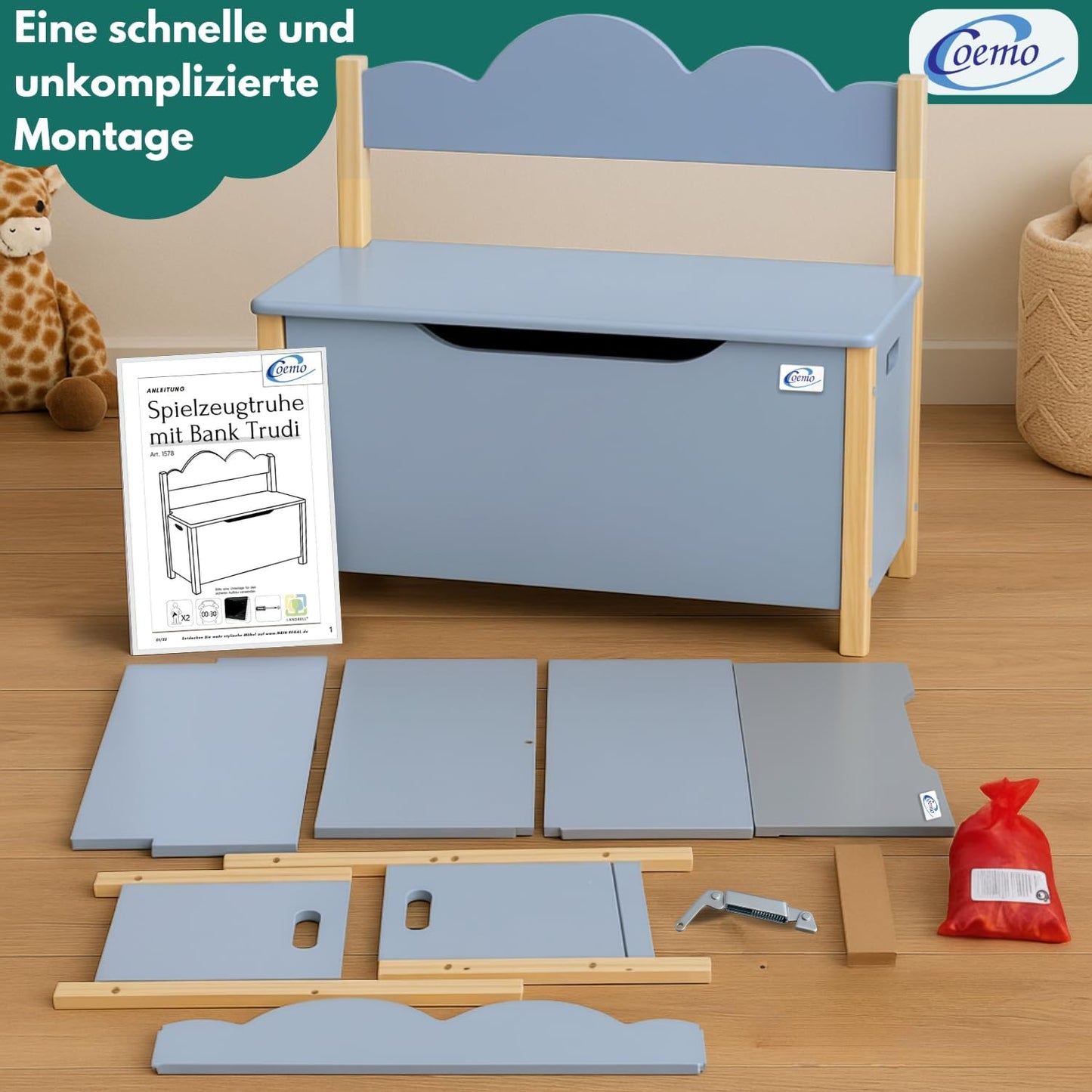 Holztruhe Trudi mit Sitzbank, Grau
