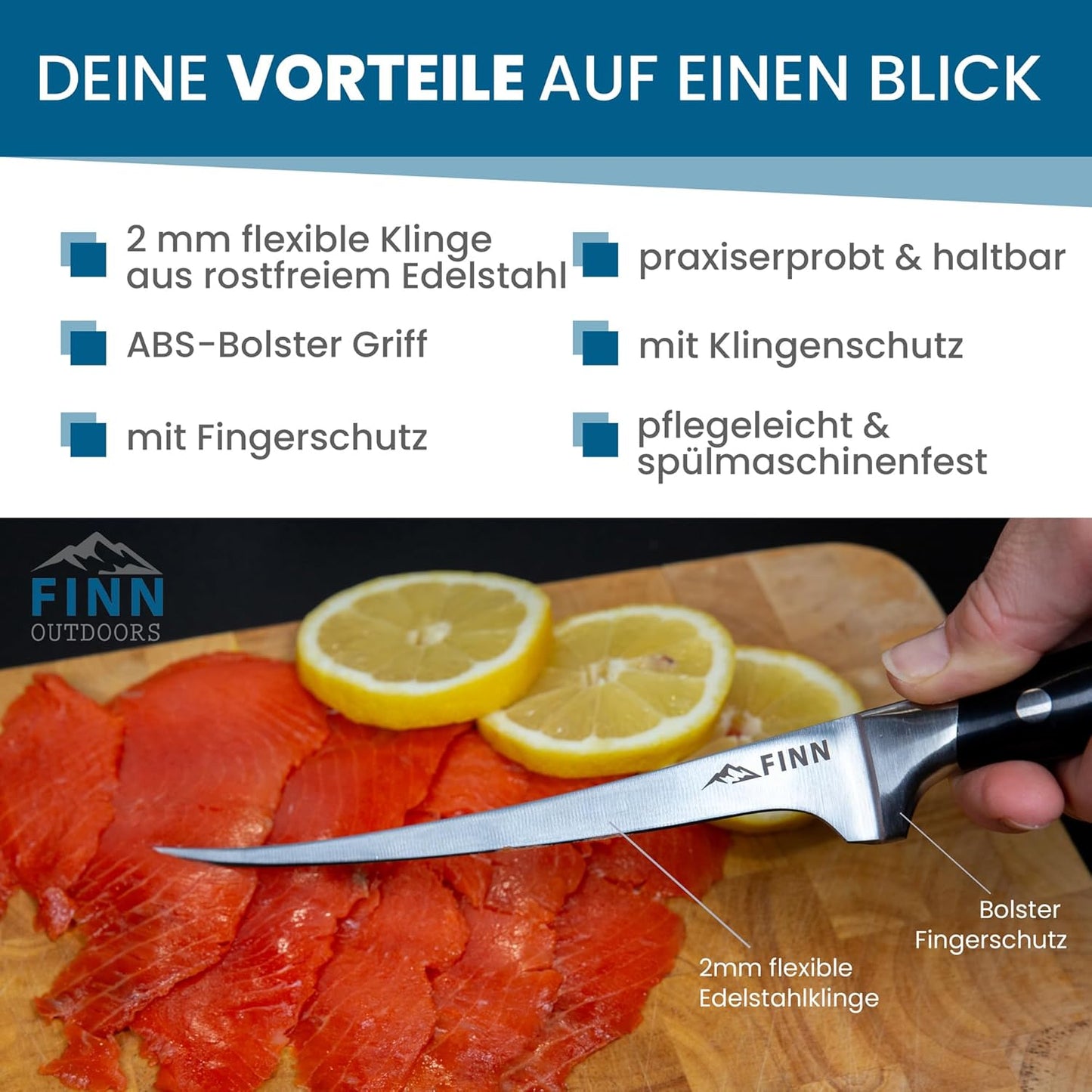 Filetiermesser mit flexiblem Edelstahlblatt und Klingenschutz