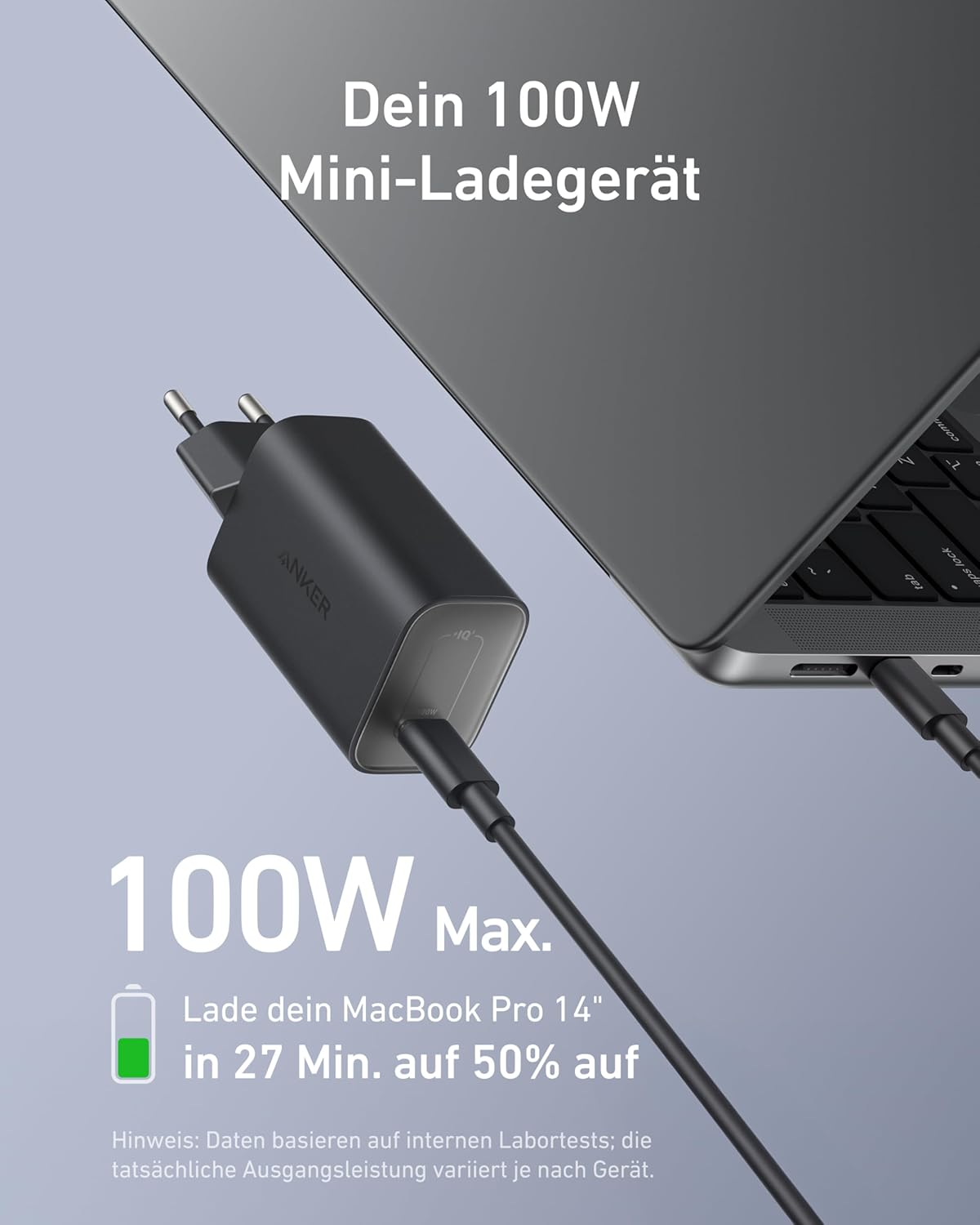 Nano USB-C Ladegerät mit 1,8m Kabel, Schwarz