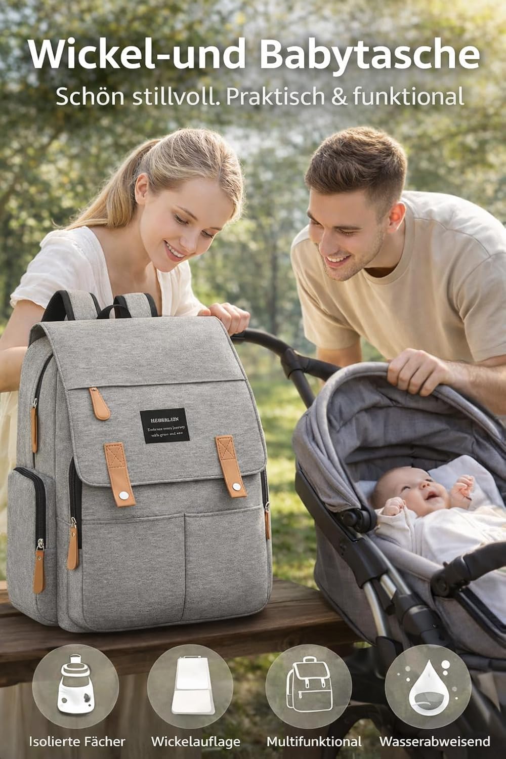 Wickelrucksack mit Wickelauflage & Befestigung, Grau