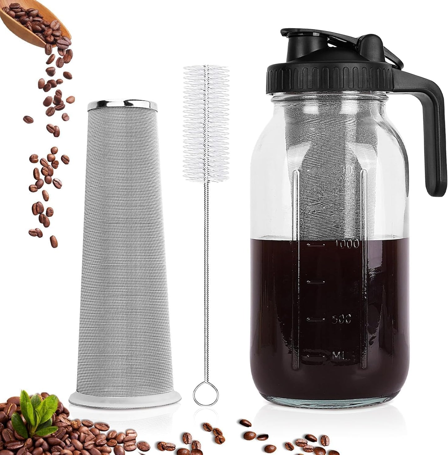 Cold Brew Kaffeebereiter mit Edelstahlfilter, 64oz Schwarz