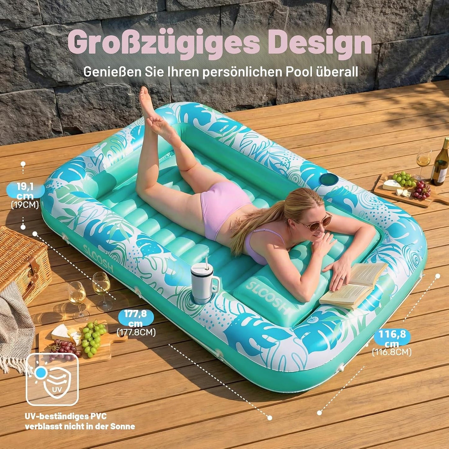Aufblasbarer 4-in-1 Sonnenliegepool mit Kissen und Getränkehalter, Cyanweiss L