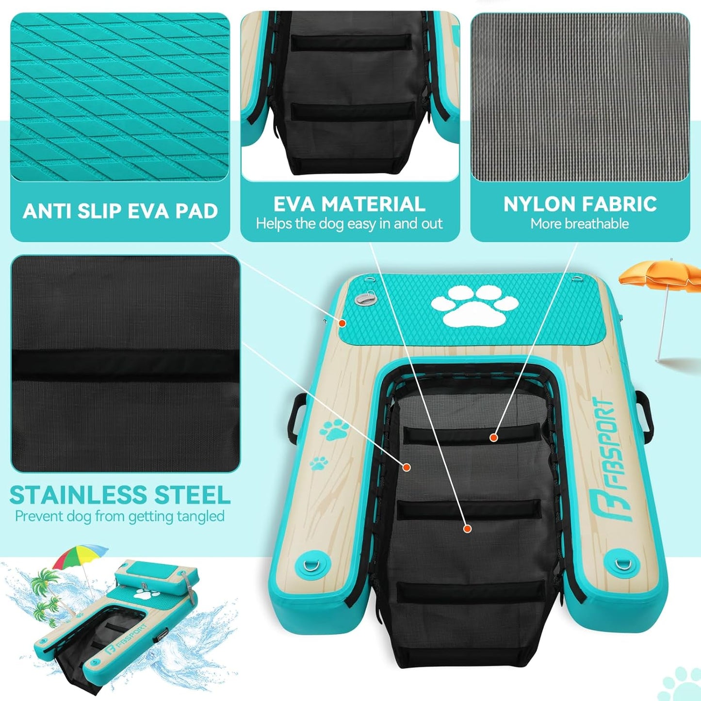 Aufblasbare Wasserrampe für Hunde, Seeblau Beige
