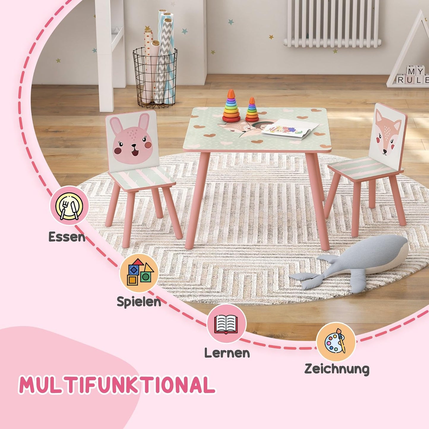 3-teilige Kindersitzgruppe mit Tiermotiv, Rosa