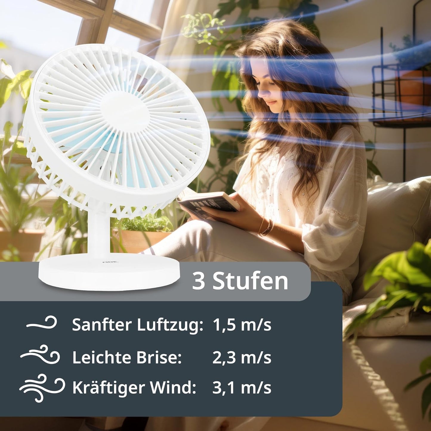 USB-Tischventilator mit Akku und 3 Stufen, Weiss