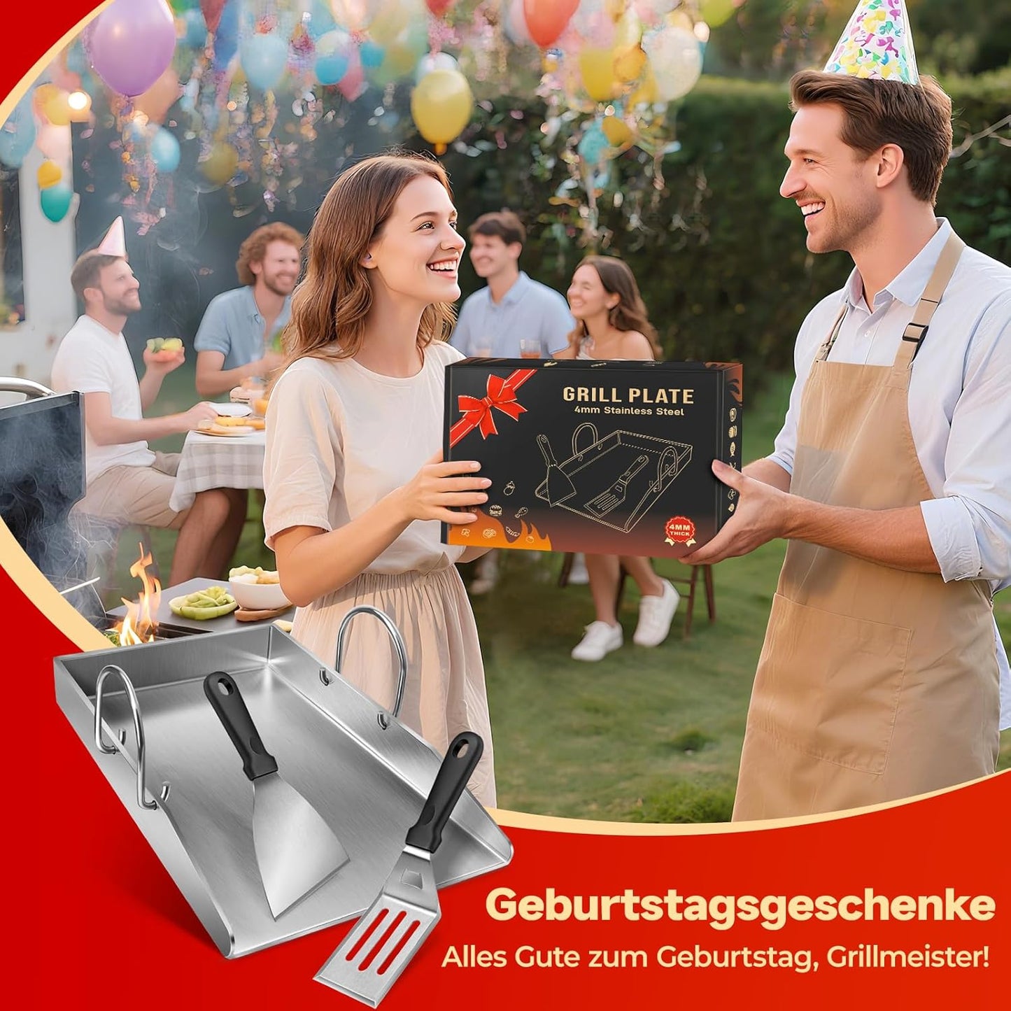 Grillplatte Plancha mit Grillspachtel-Set, Drei Kanten