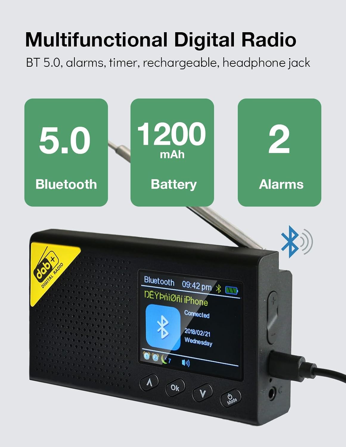 Tragbares DAB+ Radio mit Bluetooth und Dual Alarm, Modell DAB-PC1