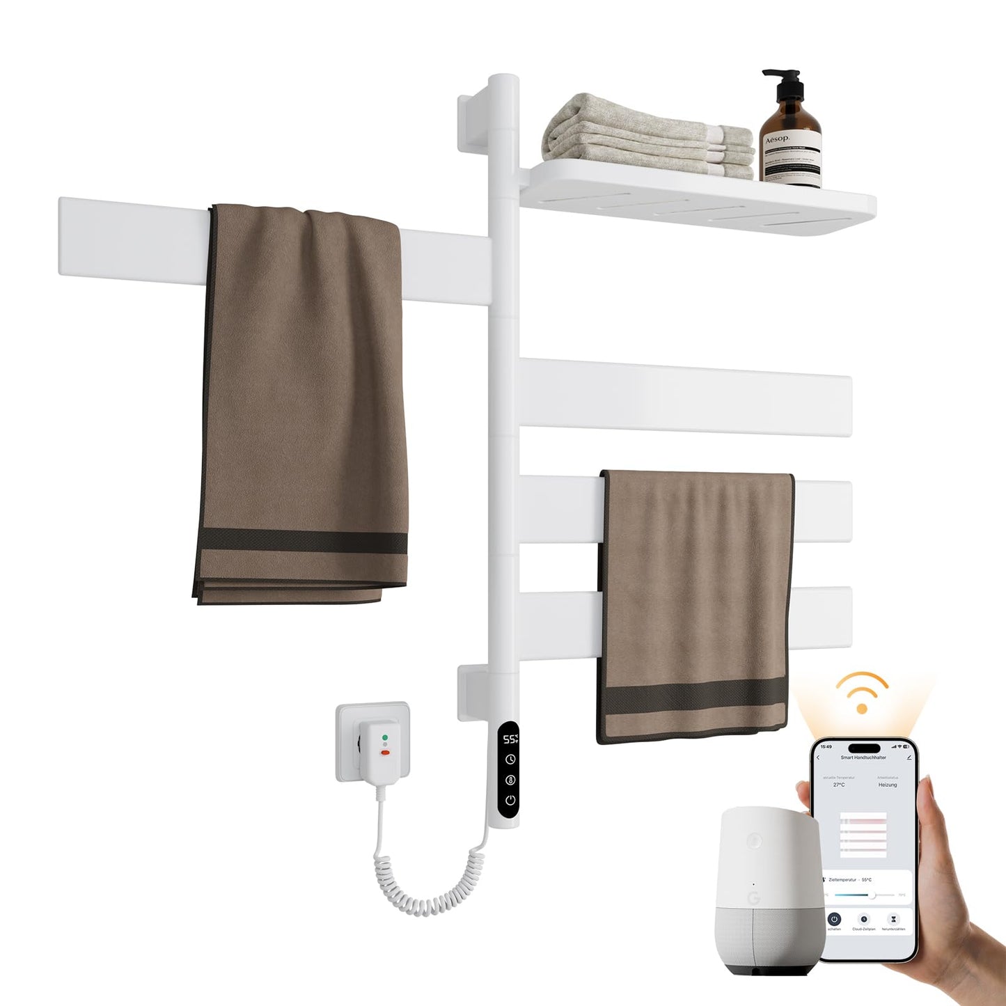 Elektrischer Handtuchheizkörper mit Drehfunktion, 76 x 45 cm Weiss