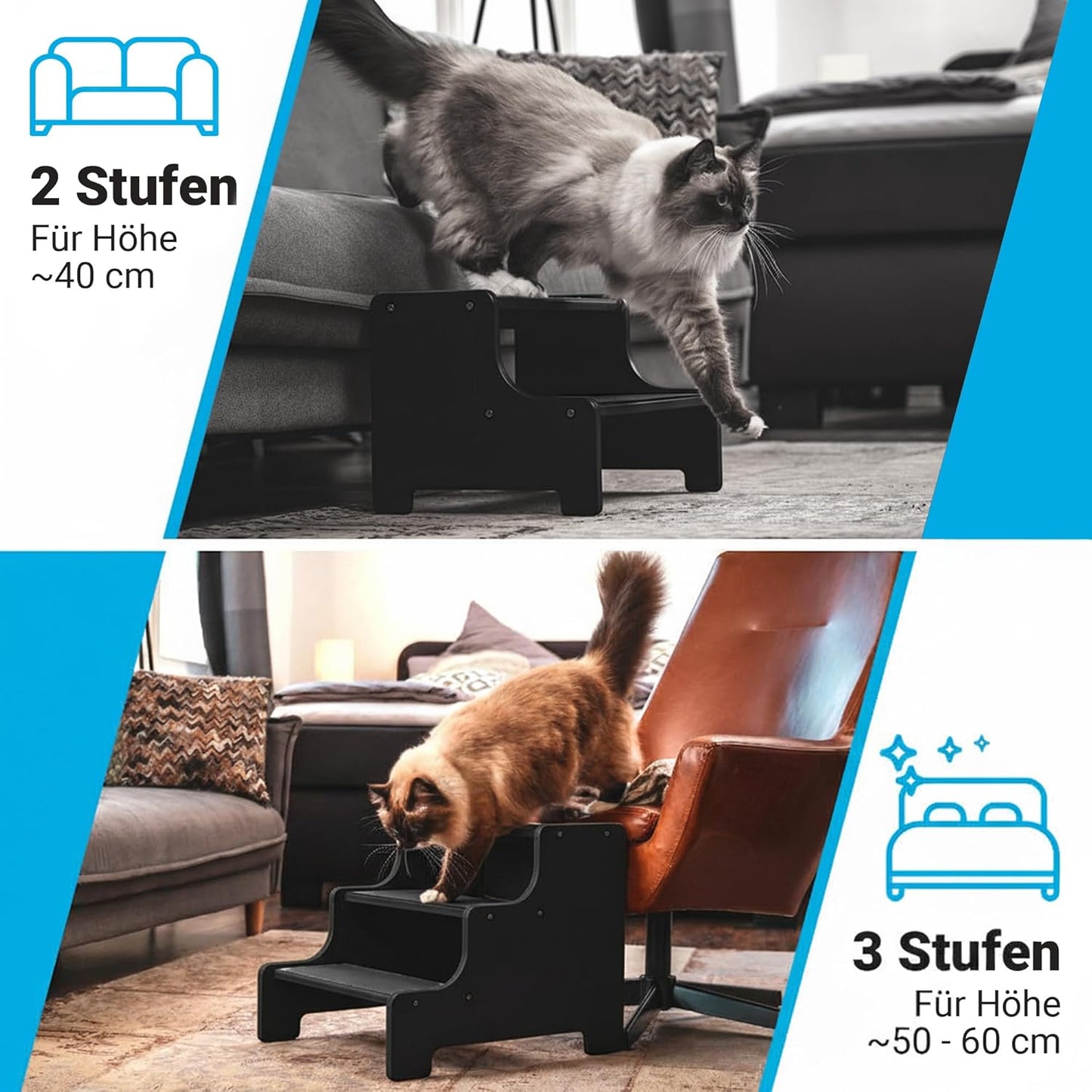 Haustiertreppe für Hunde und Katzen, 3 Stufen schwarz