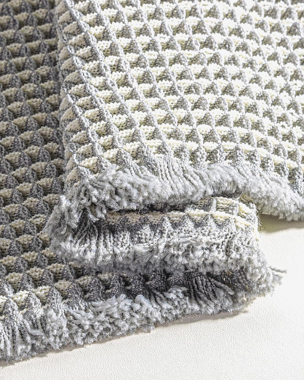 Boho Badteppich Set, rutschfest, Grau Weiss